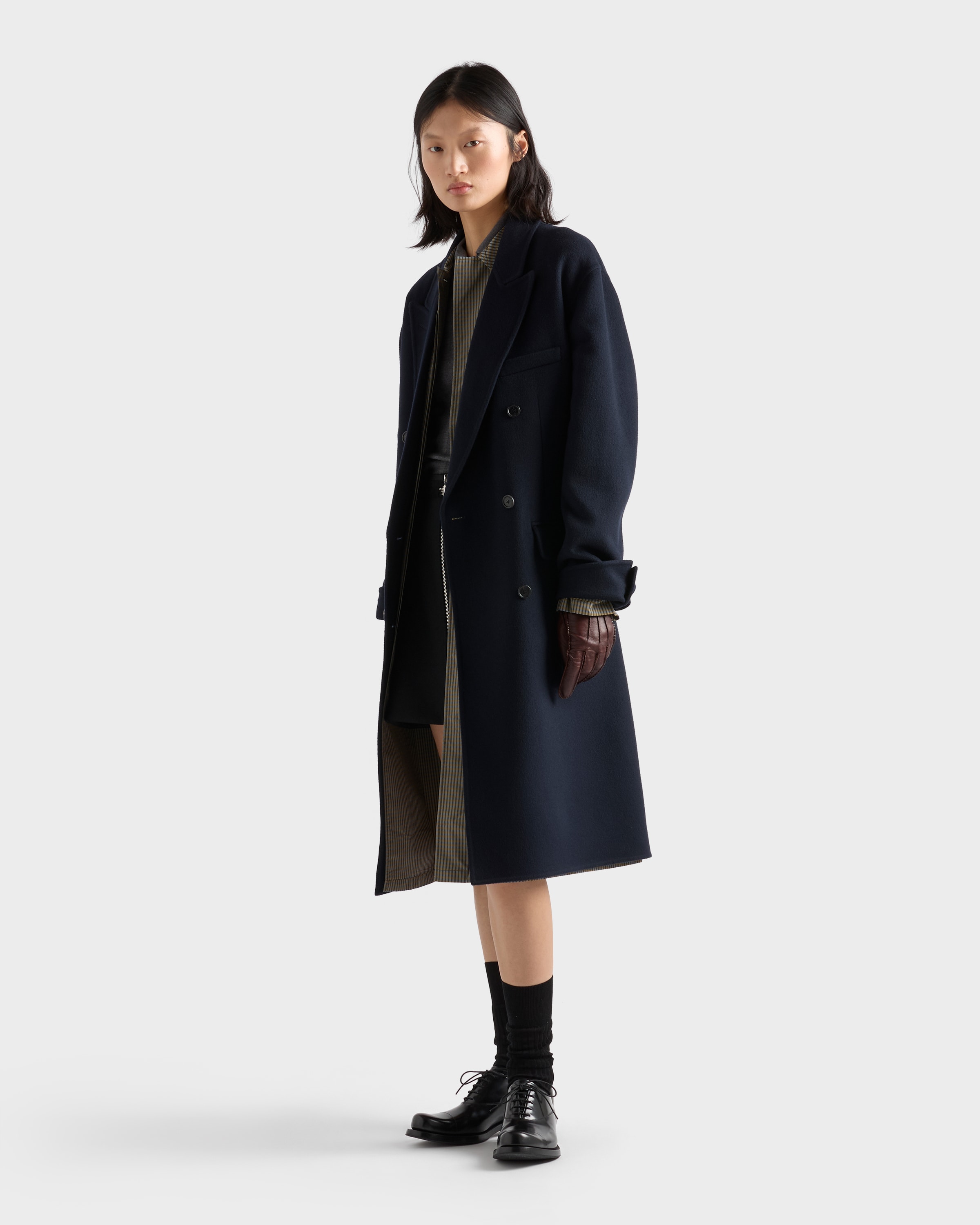 Navy Double-breasted Double Cashwool Coat | PRADA - South Korea