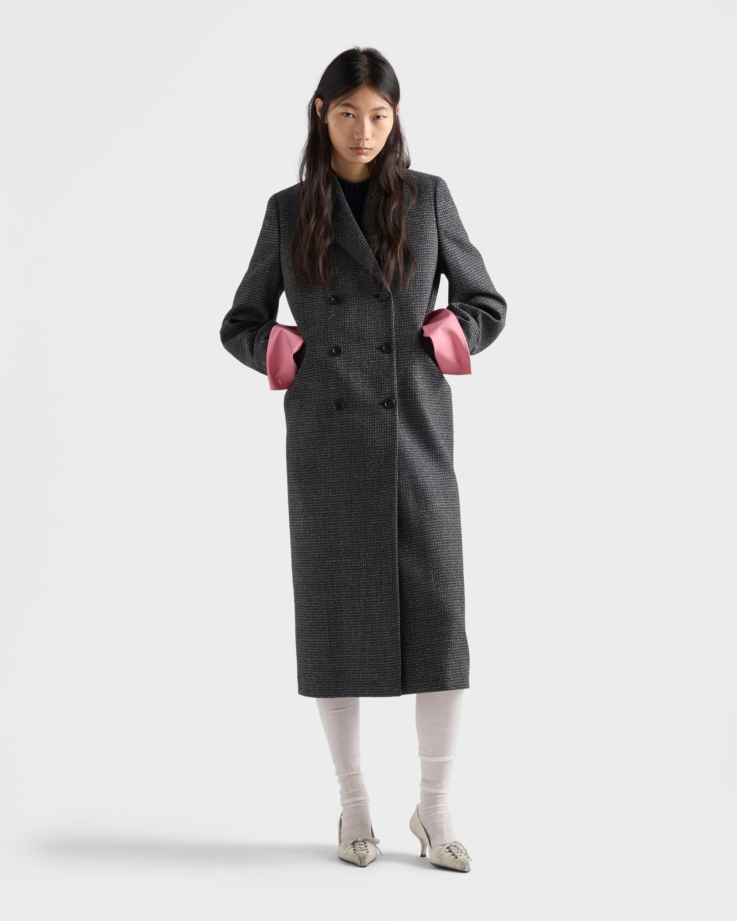 Black/white Double-breasted Gingham-checked Mouliné Wool Coat
