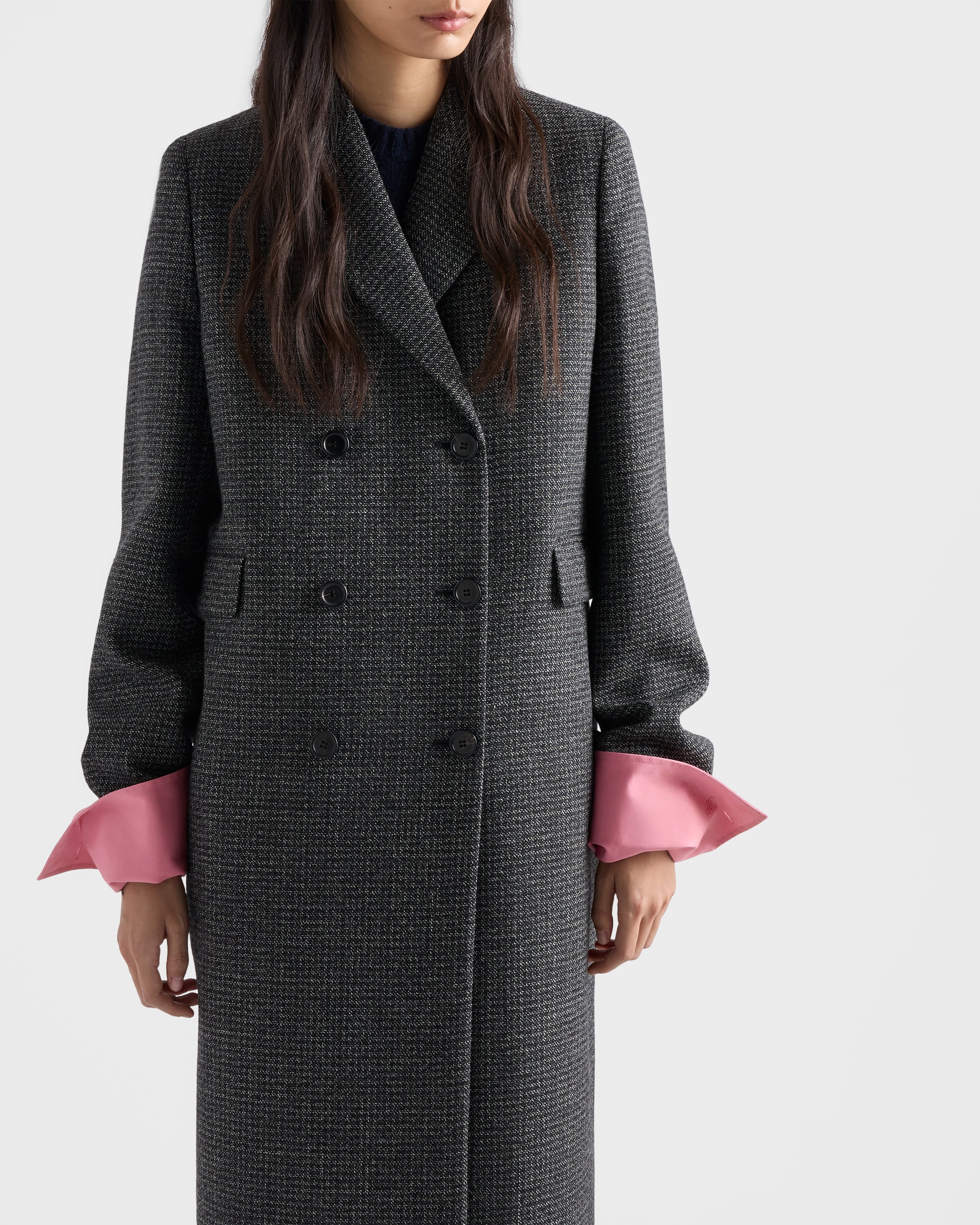 Black/white Double-breasted Gingham-checked Mouliné Wool Coat