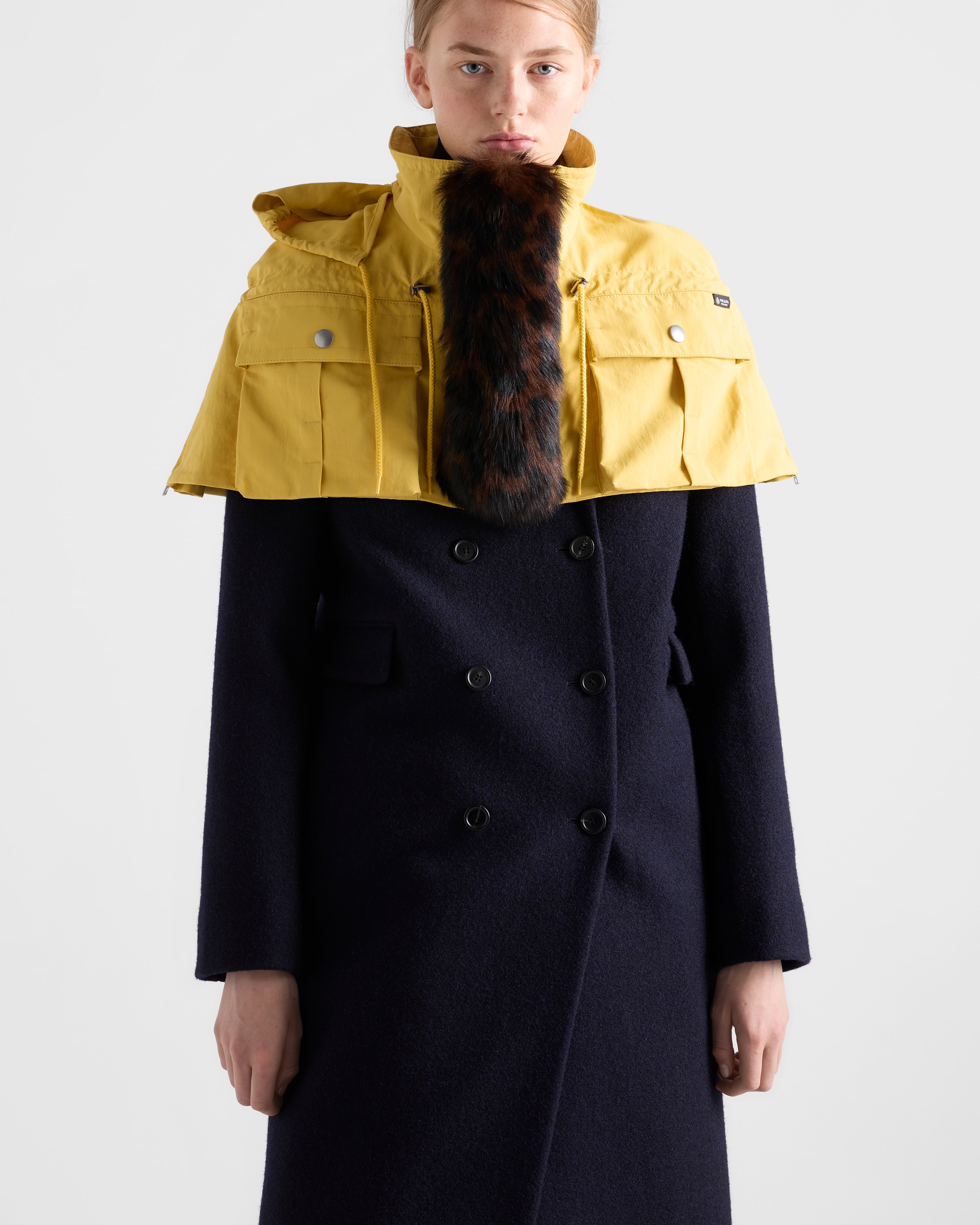 Navy Double-breasted Shetland Wool Coat | PRADA