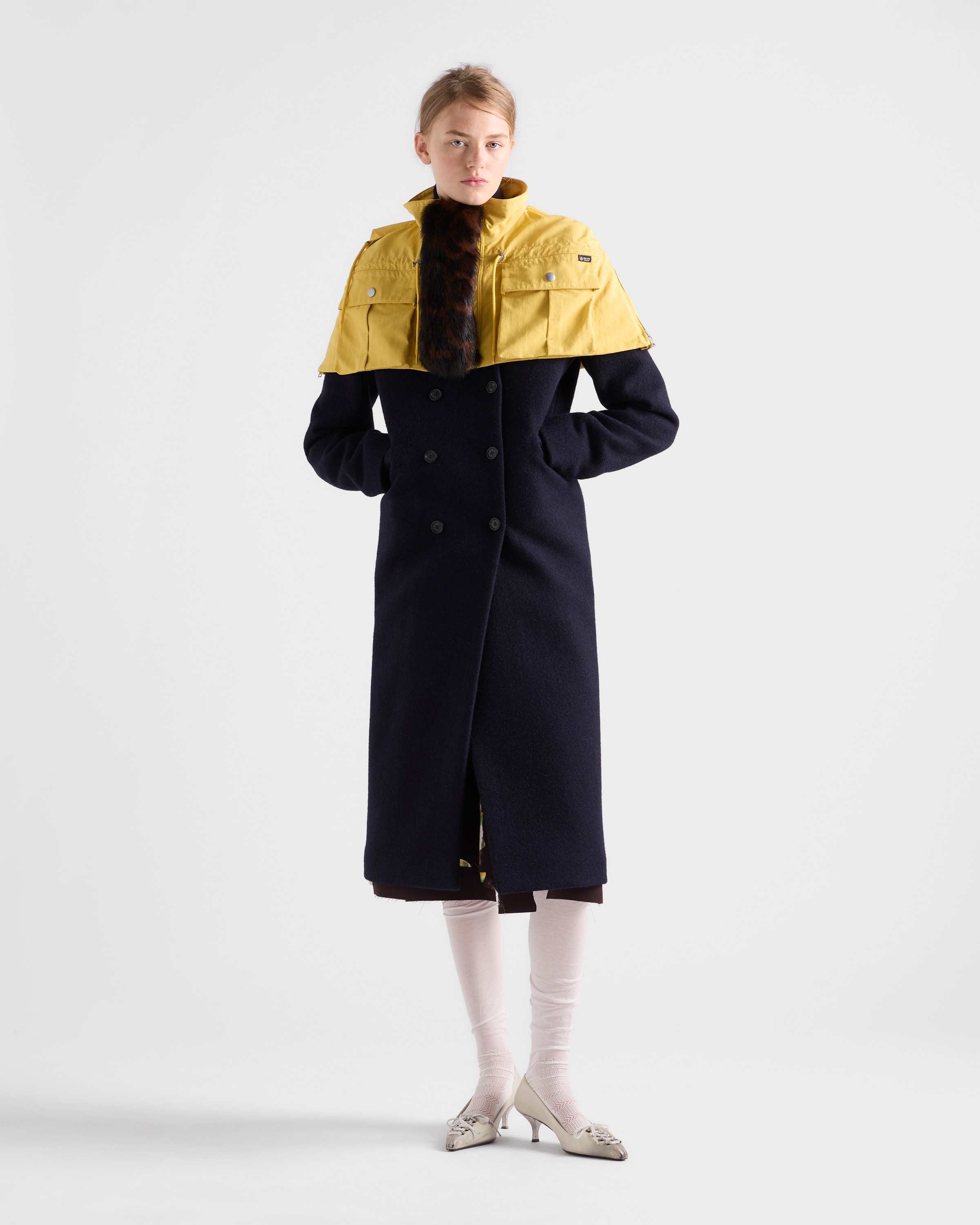 Navy Double-breasted Shetland Wool Coat | PRADA