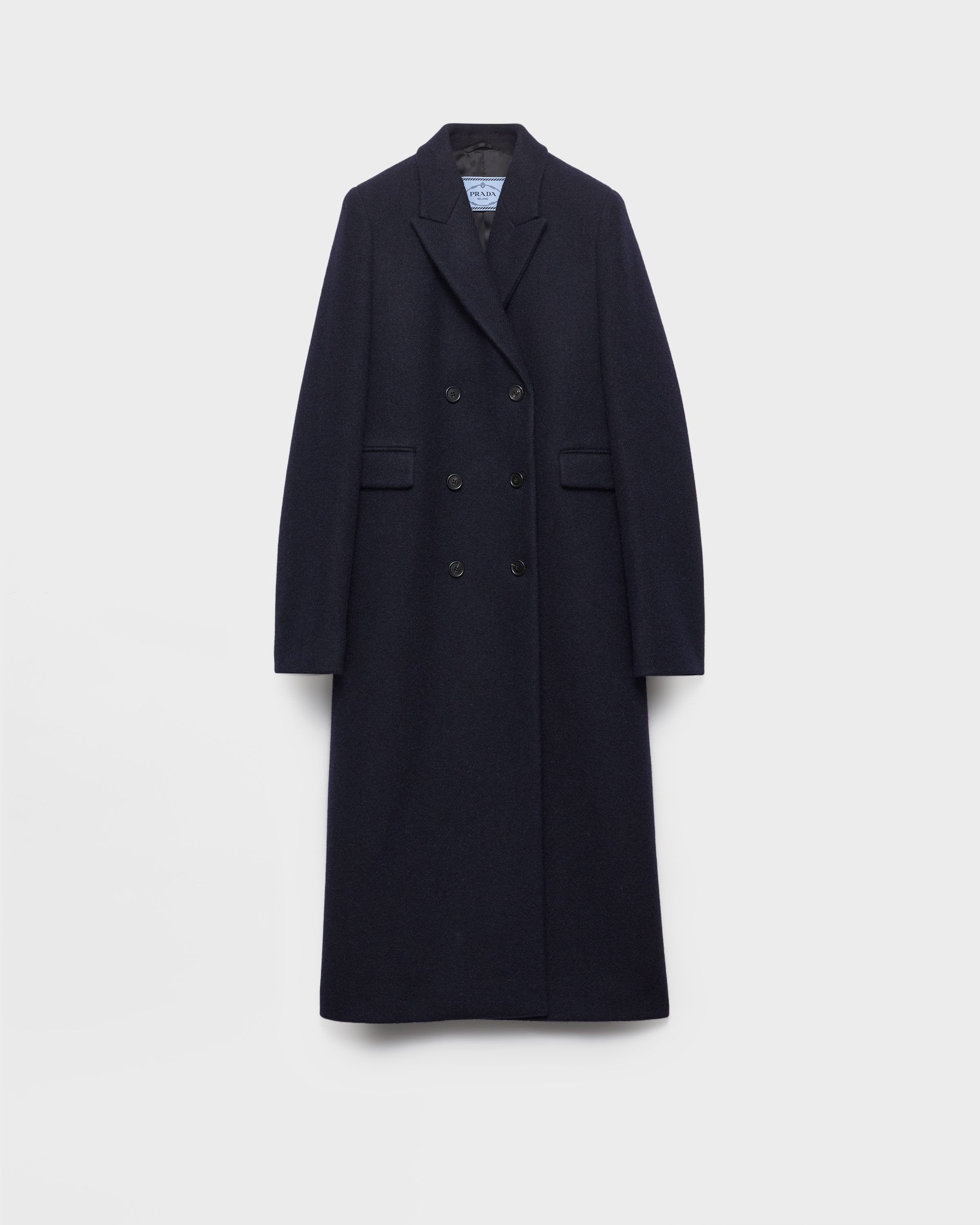 Navy Double-breasted Shetland Wool Coat | PRADA - United Arab Emirates