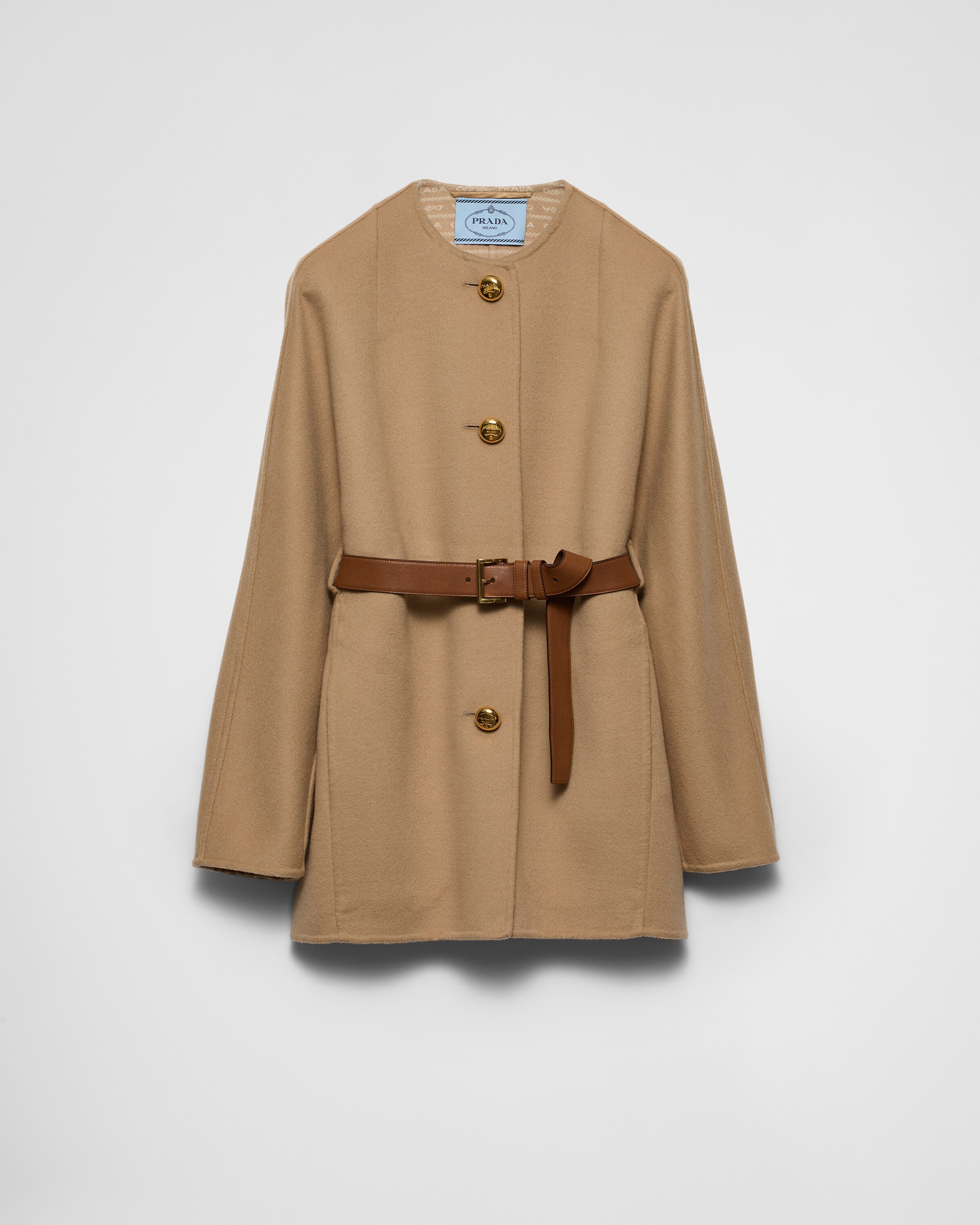 Prada Single-breasted Double Wool Caban Jacket In Camel/white