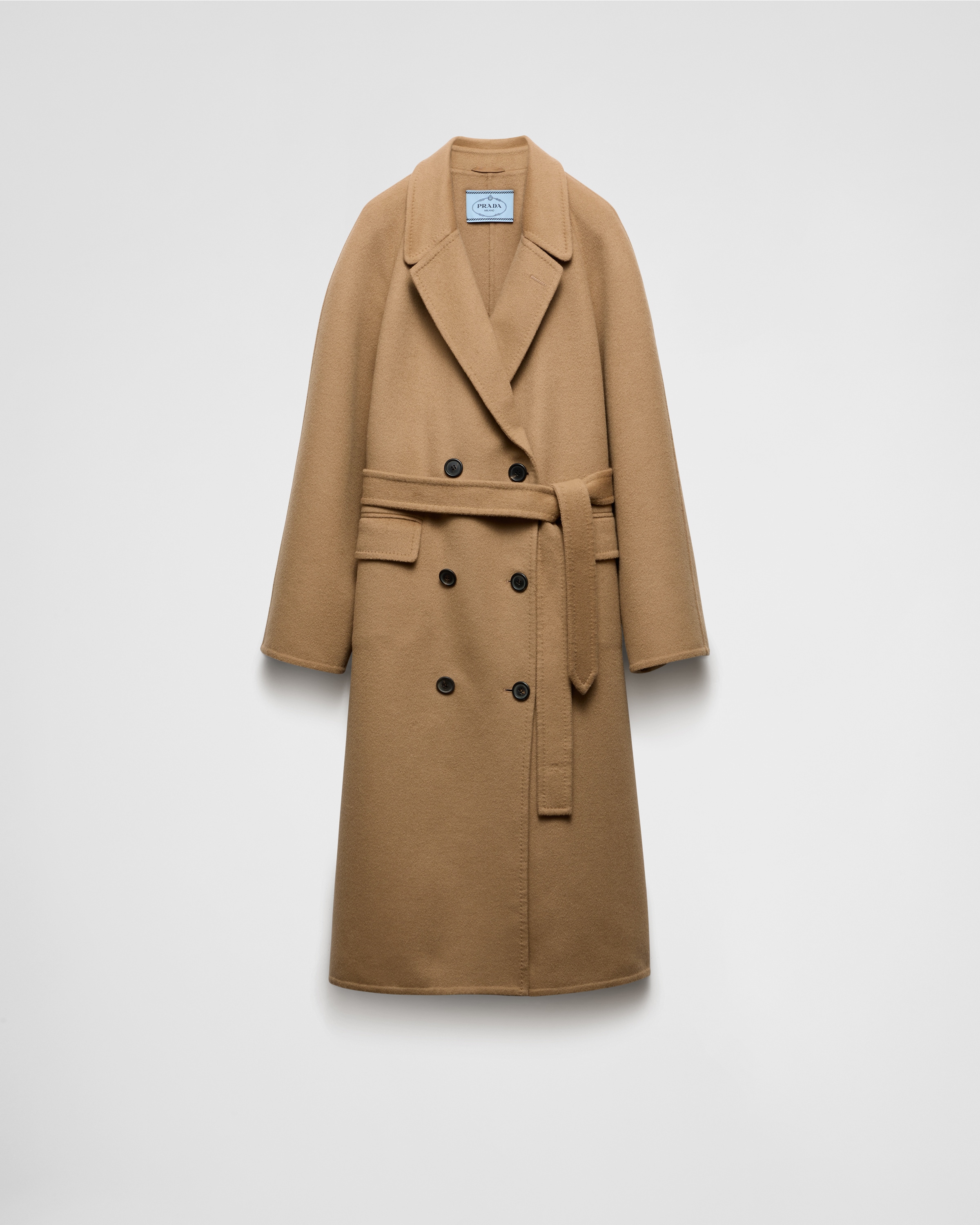 Camel Brown Double breasted Cashgora Coat PRADA