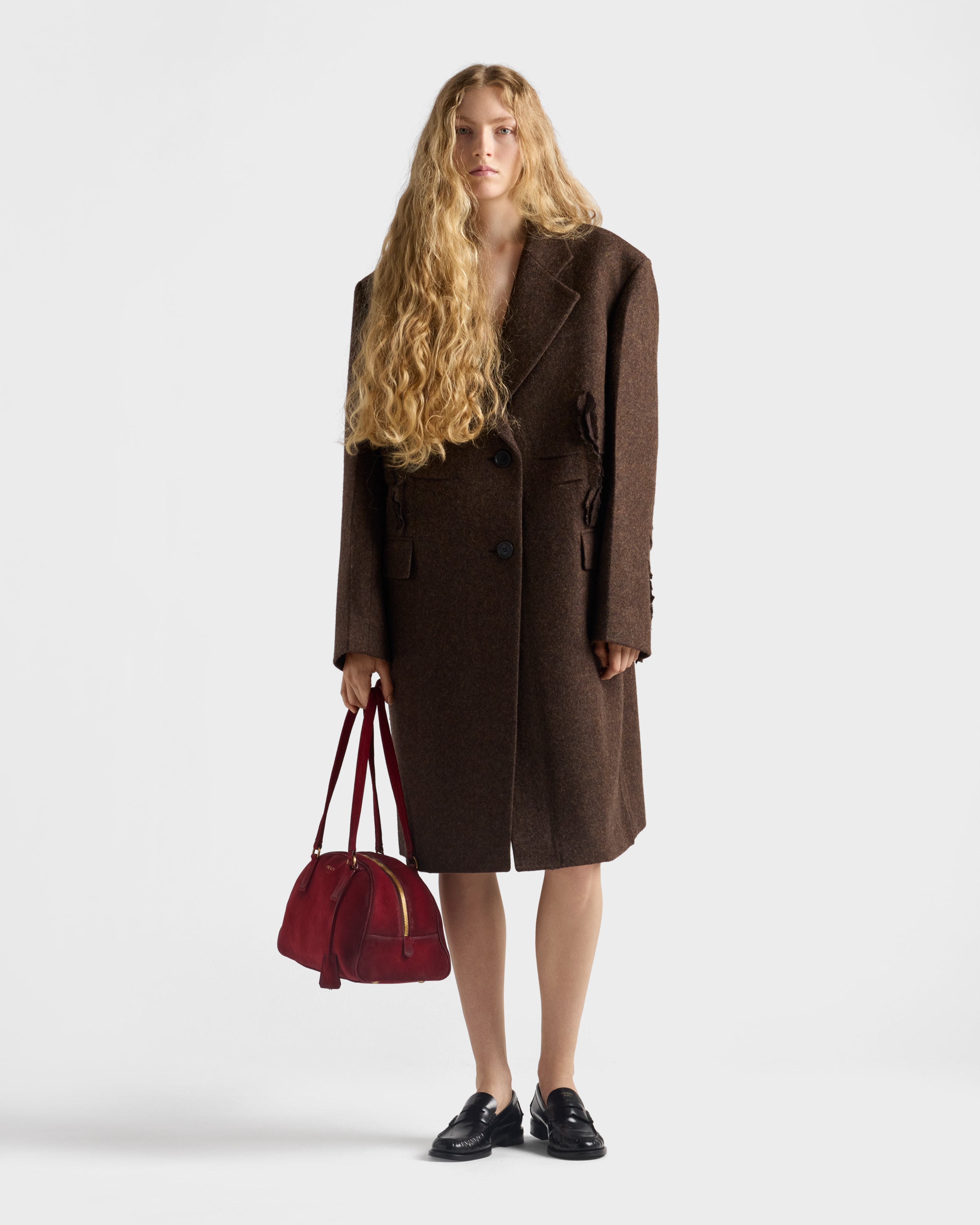 Prada Single-breasted Shetland Wool Coat In Brown
