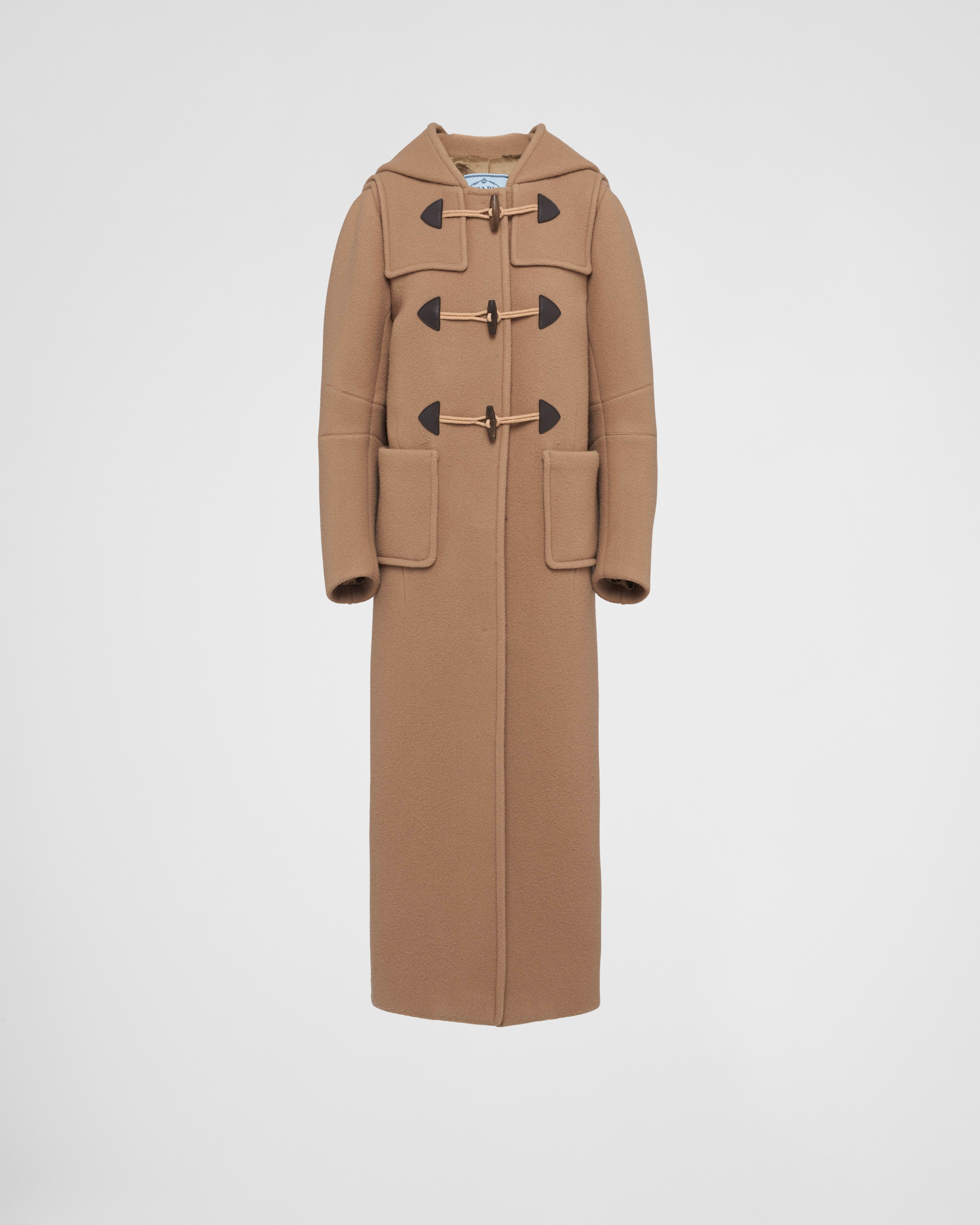 Shop Prada Long Velour Duffle Coat In Camel Brown