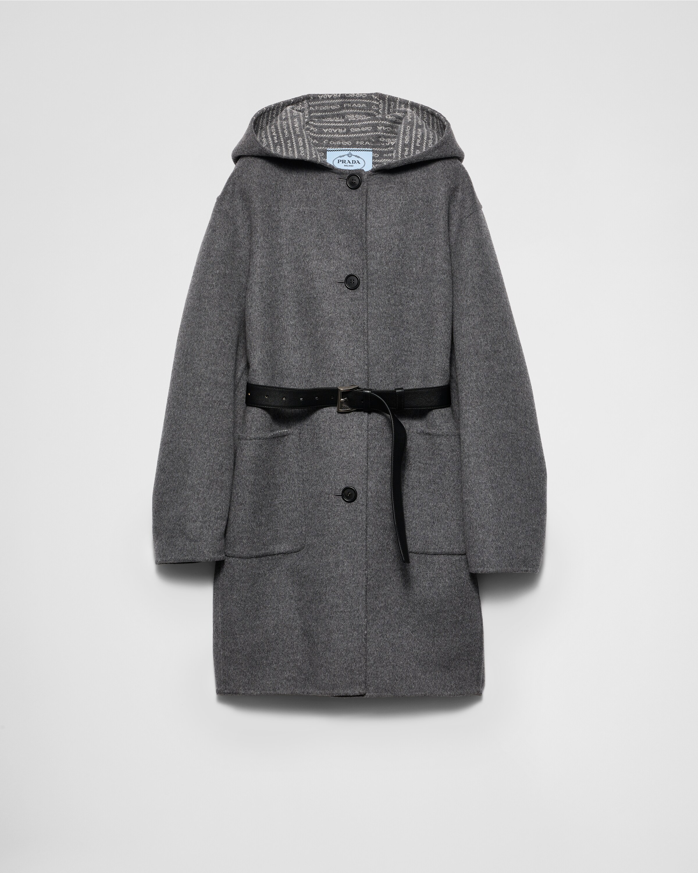 Prada Belted Hooded Wool Coat In Grey+white