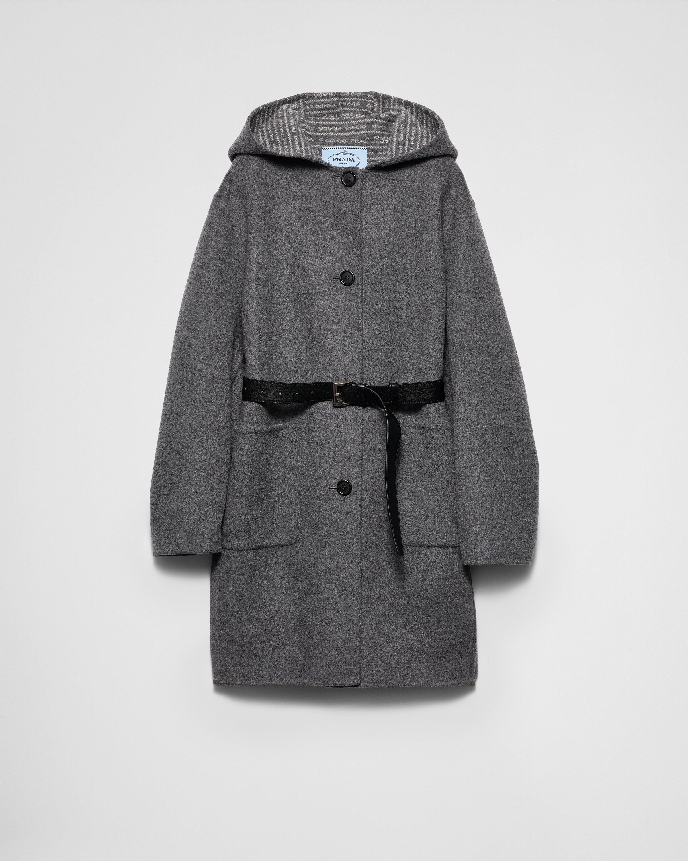 Prada Single-breasted Double Wool Coat In Grey+white