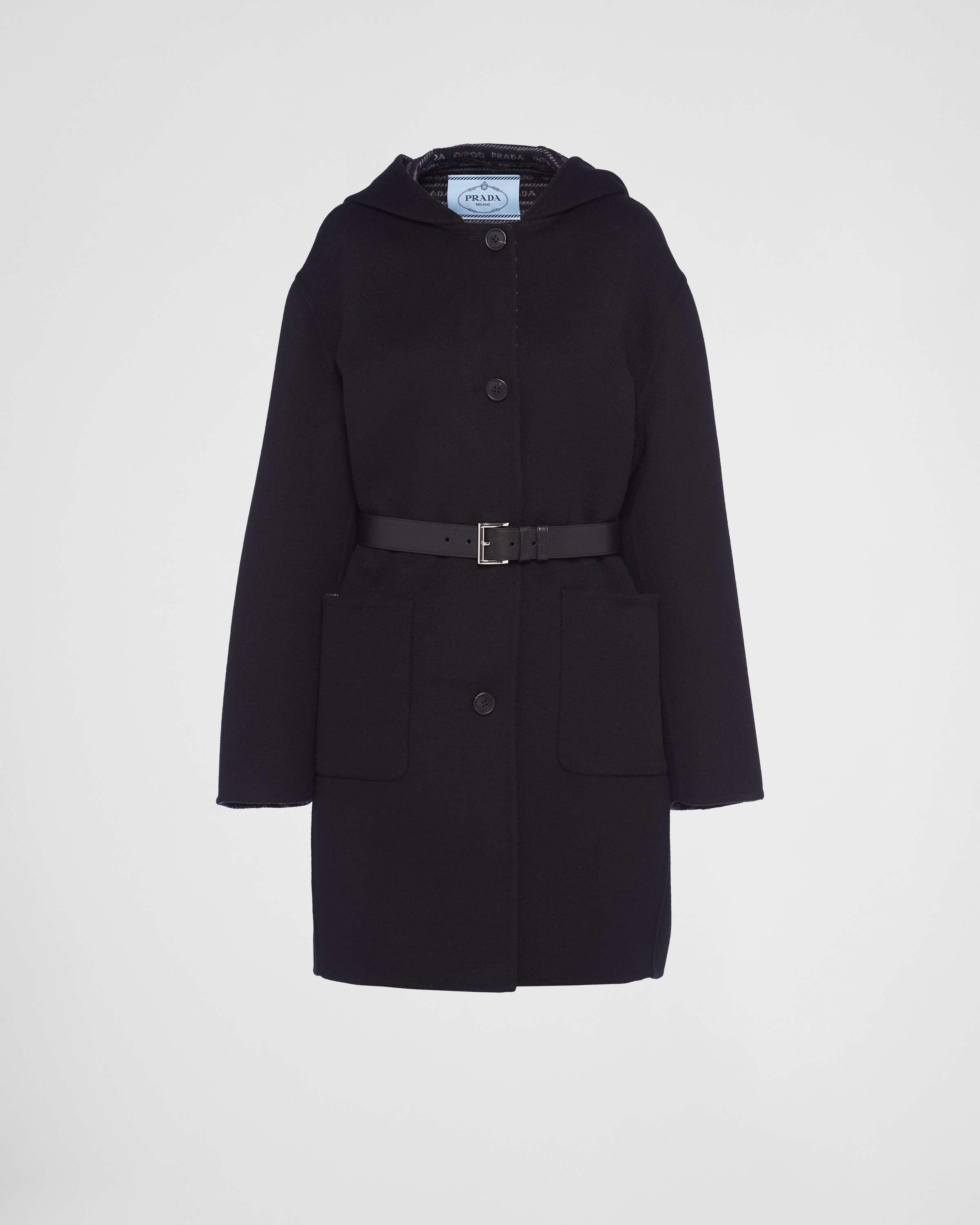 Prada Hooded Double-face Coat With Leather Belt In Black/gray