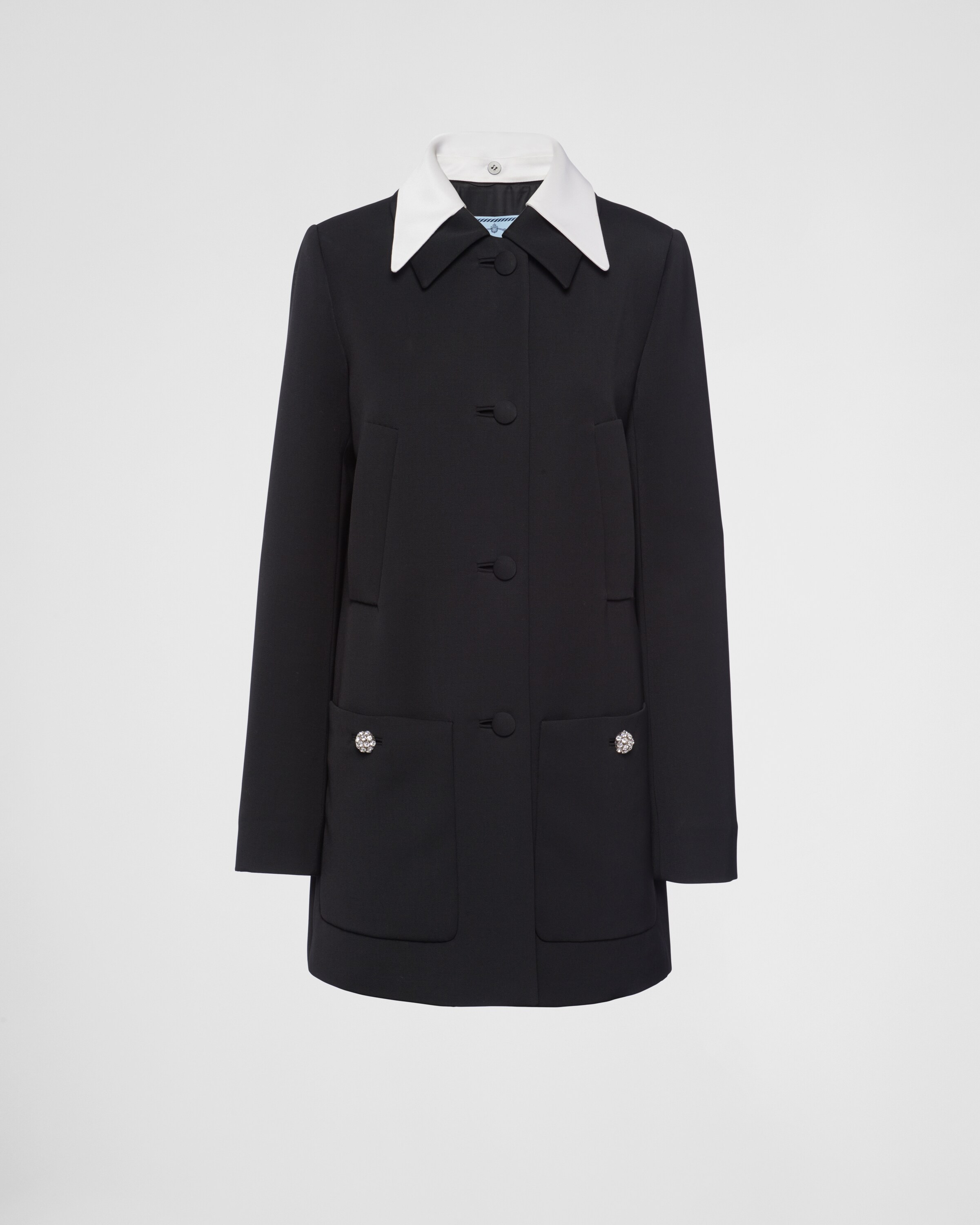 Prada Singled-breasted Wool Sateen Coat With Collar In Black