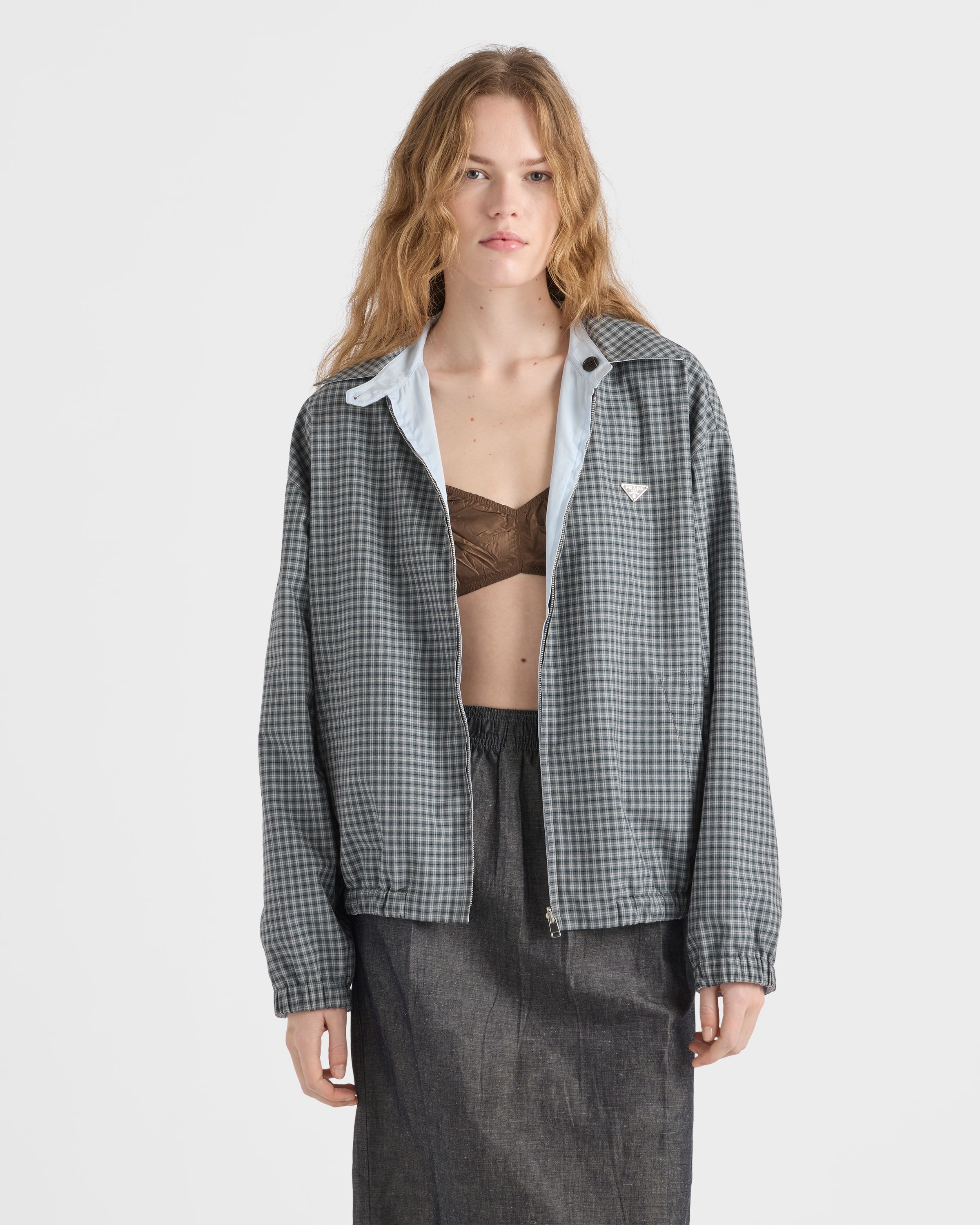 Iron Gray Checked poplin jacket | PRADA - United States