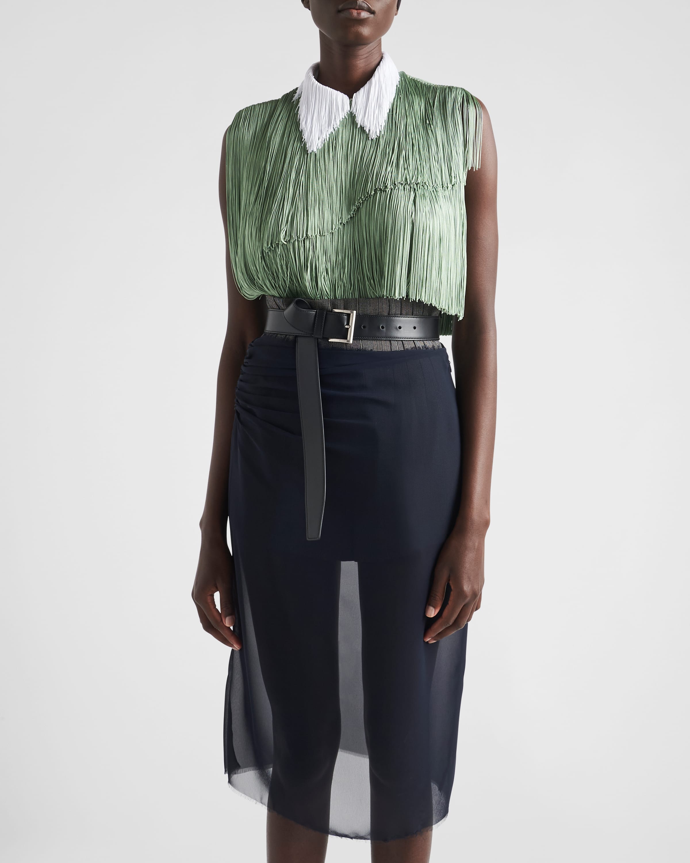 Shop Prada Organza Top With Fringe In Agave Green