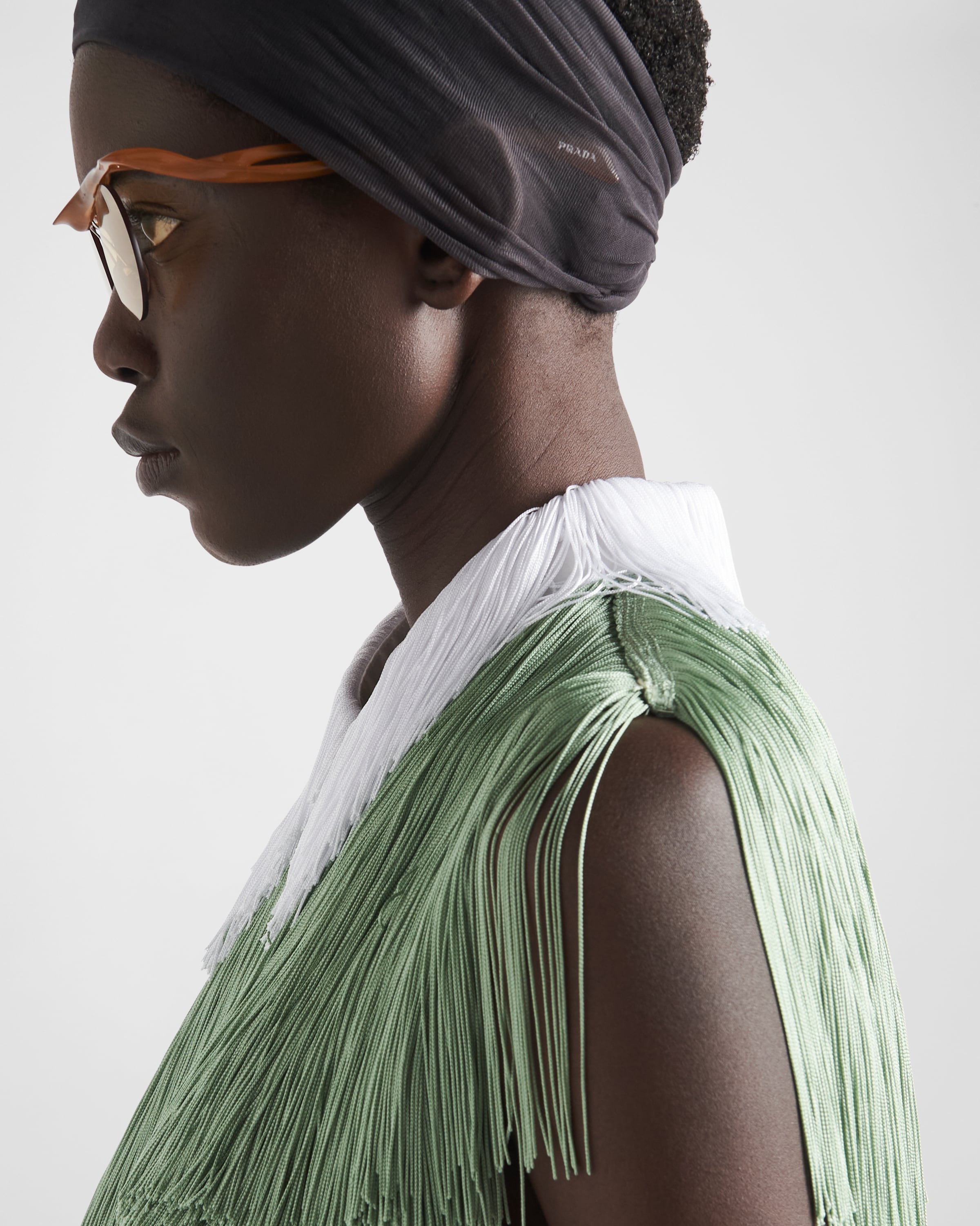 Agave Green Organza Top With Fringe PRADA