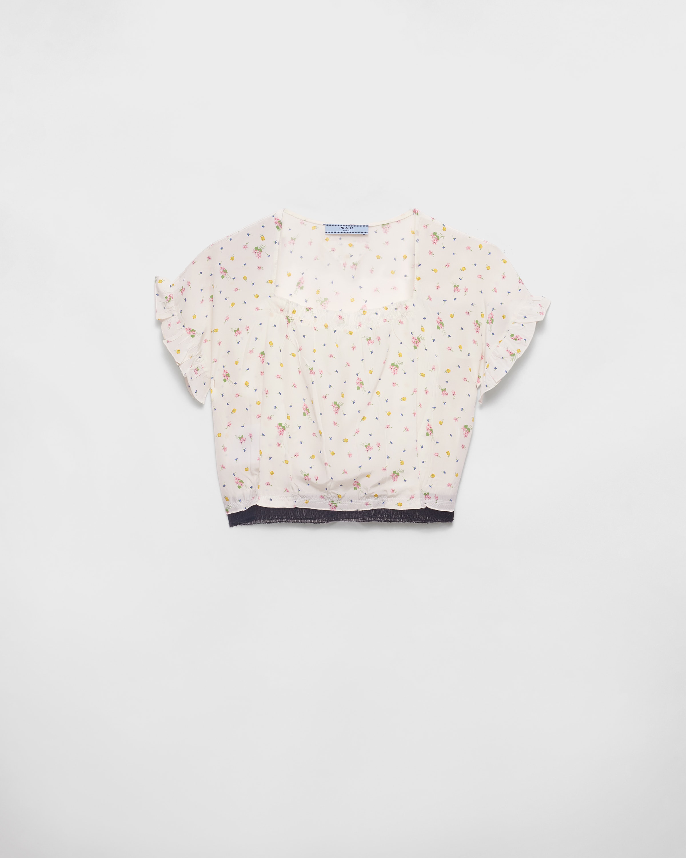 Prada Womens White Floral-print Cropped Silk-blend Top