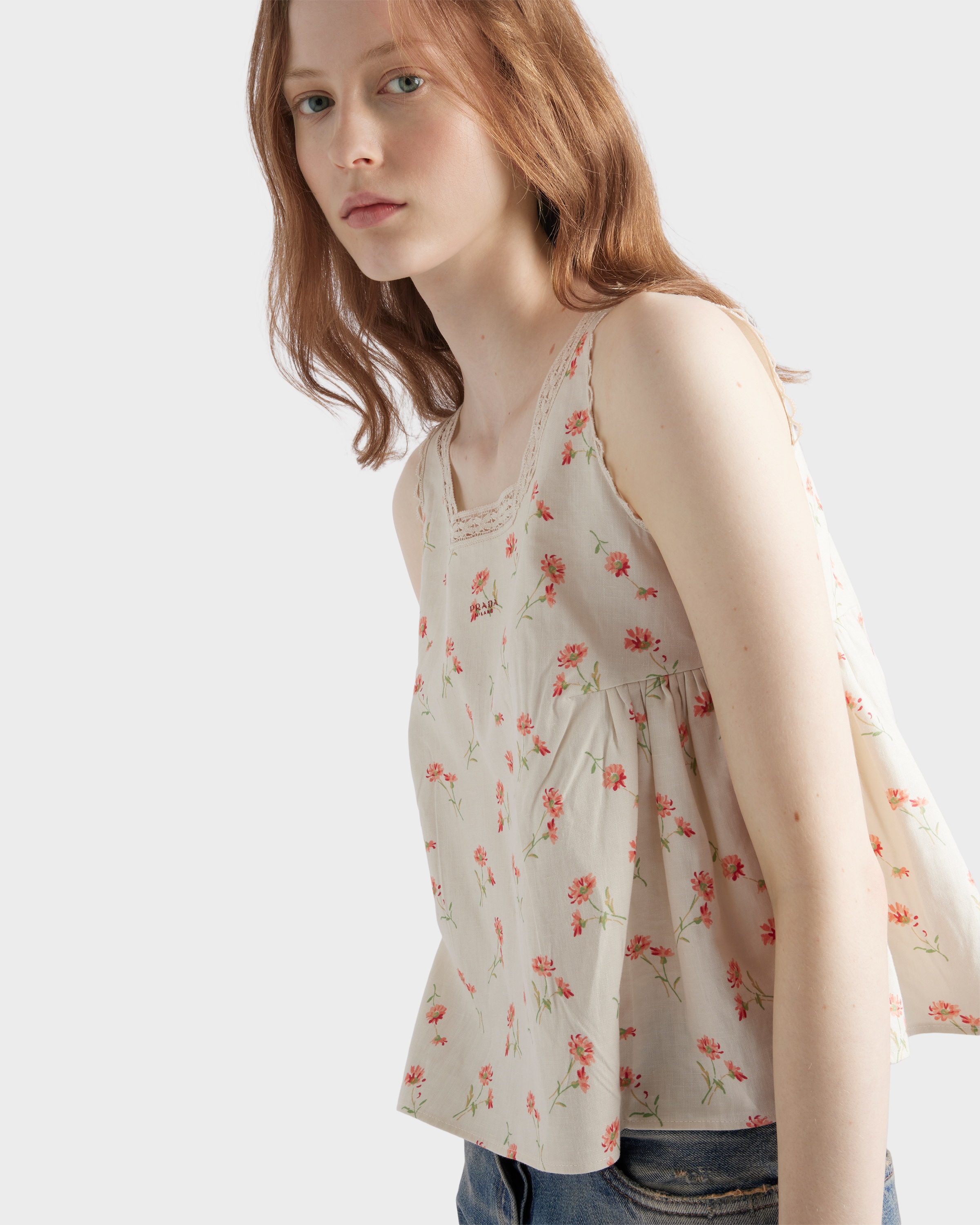 Natural Embroidered floral print linen top | PRADA