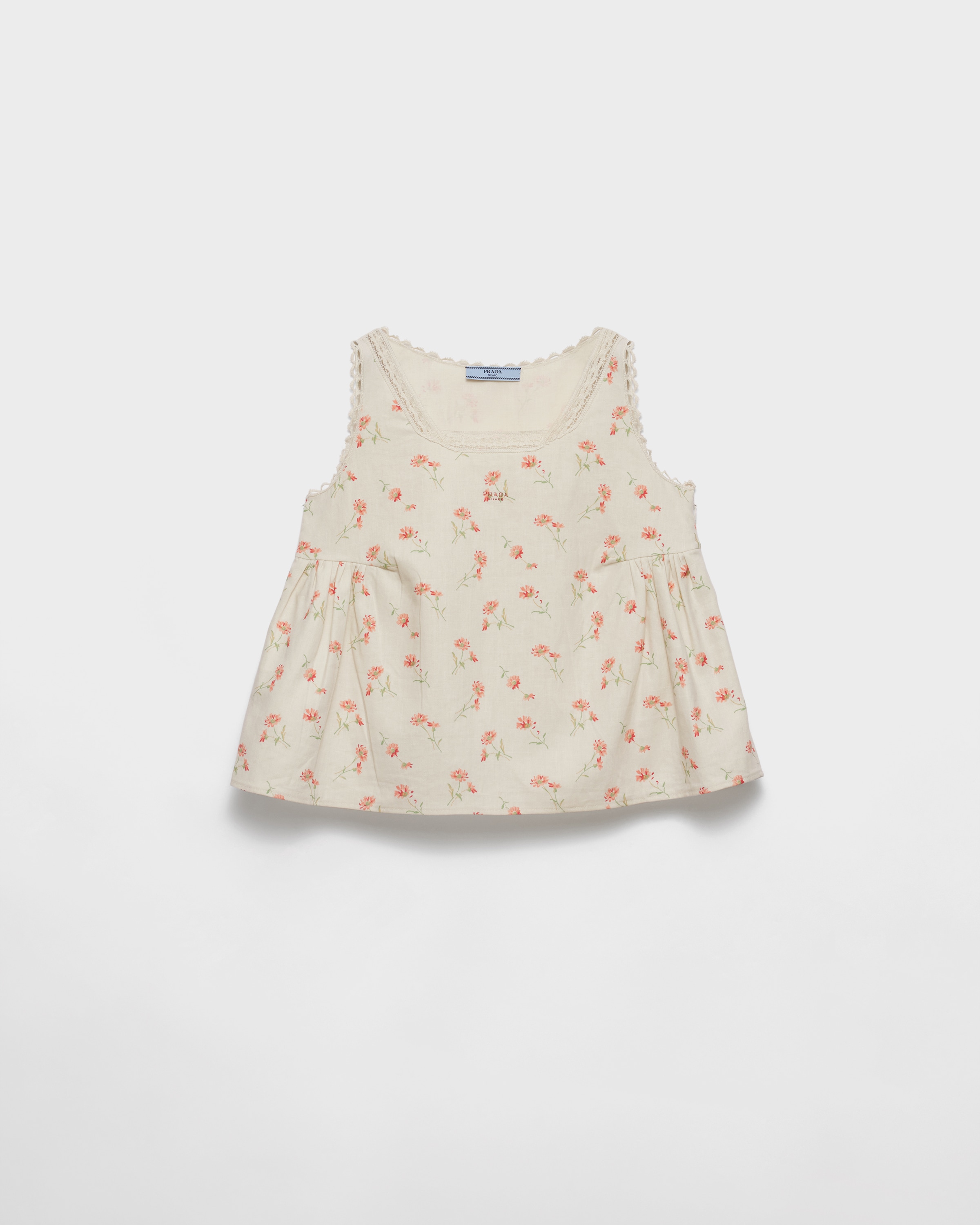 Natural Embroidered floral print linen top | PRADA