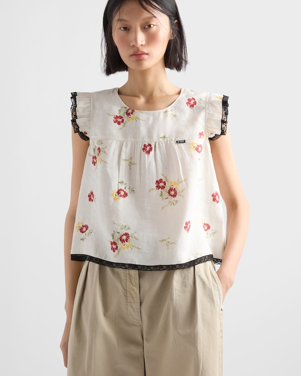 Linen top with floral motif - Ruby Red Linen top with floral motif - Ruby Red