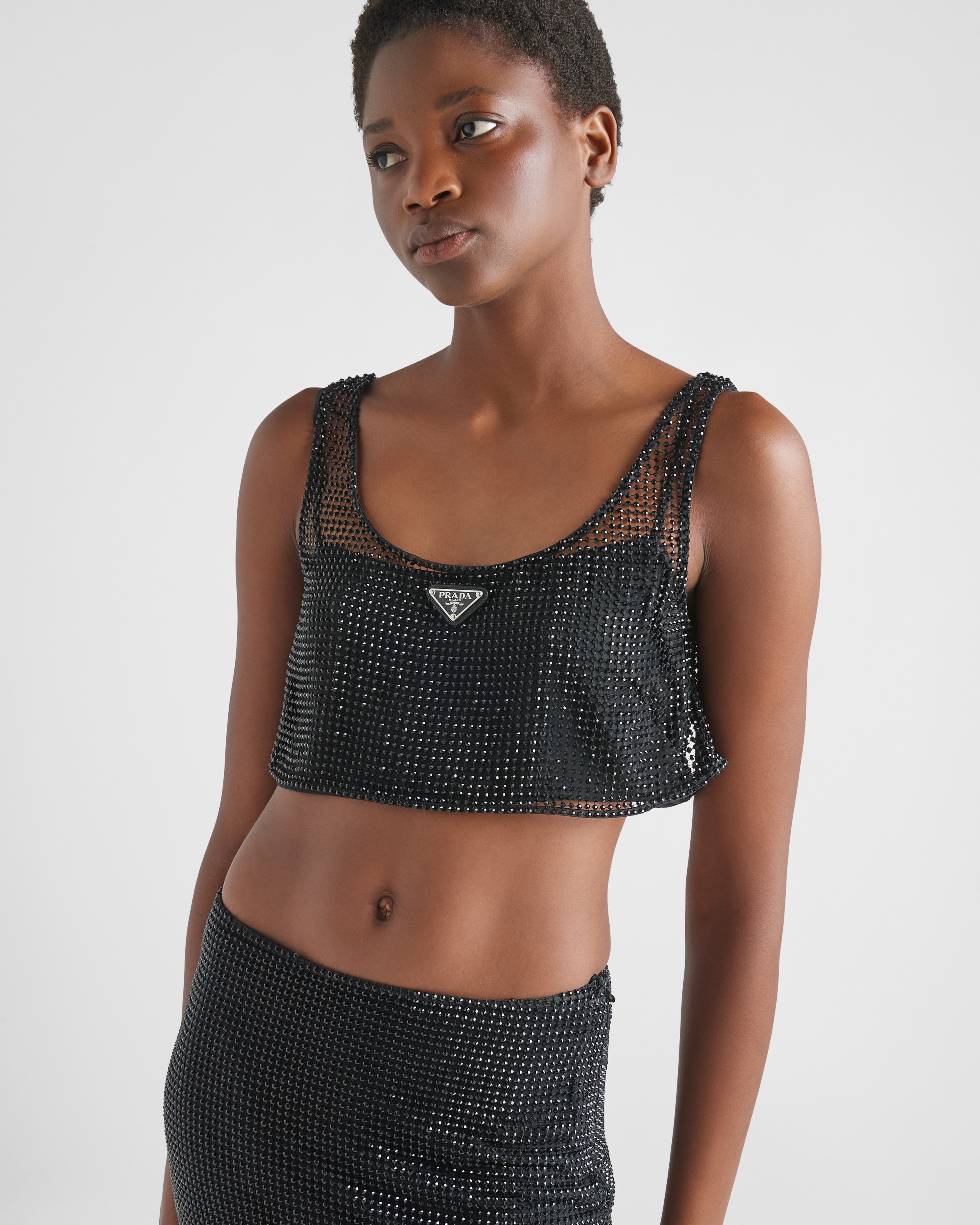 Black Rhinestone embroidered mesh top | Prada