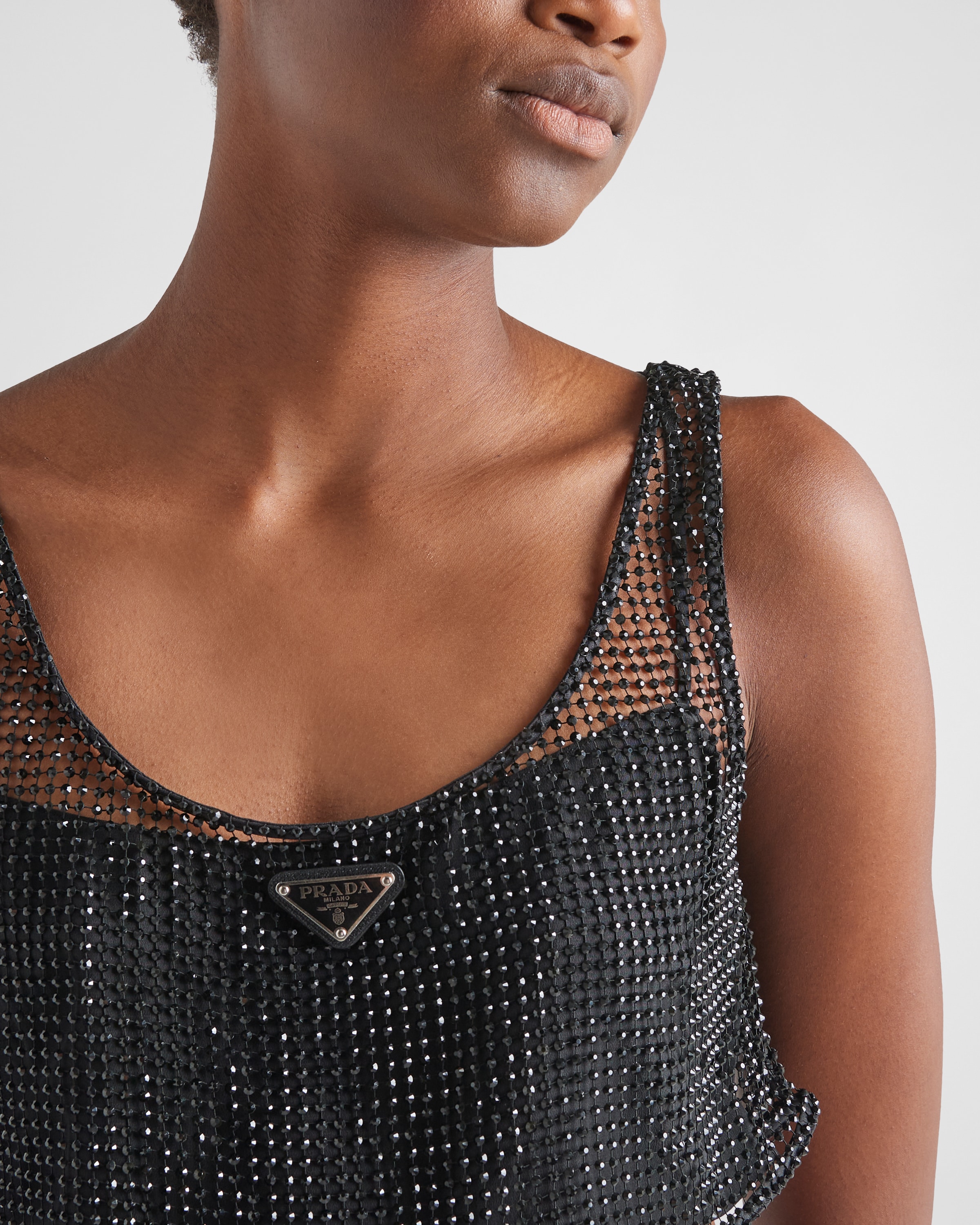 Black Rhinestone embroidered mesh top | Prada