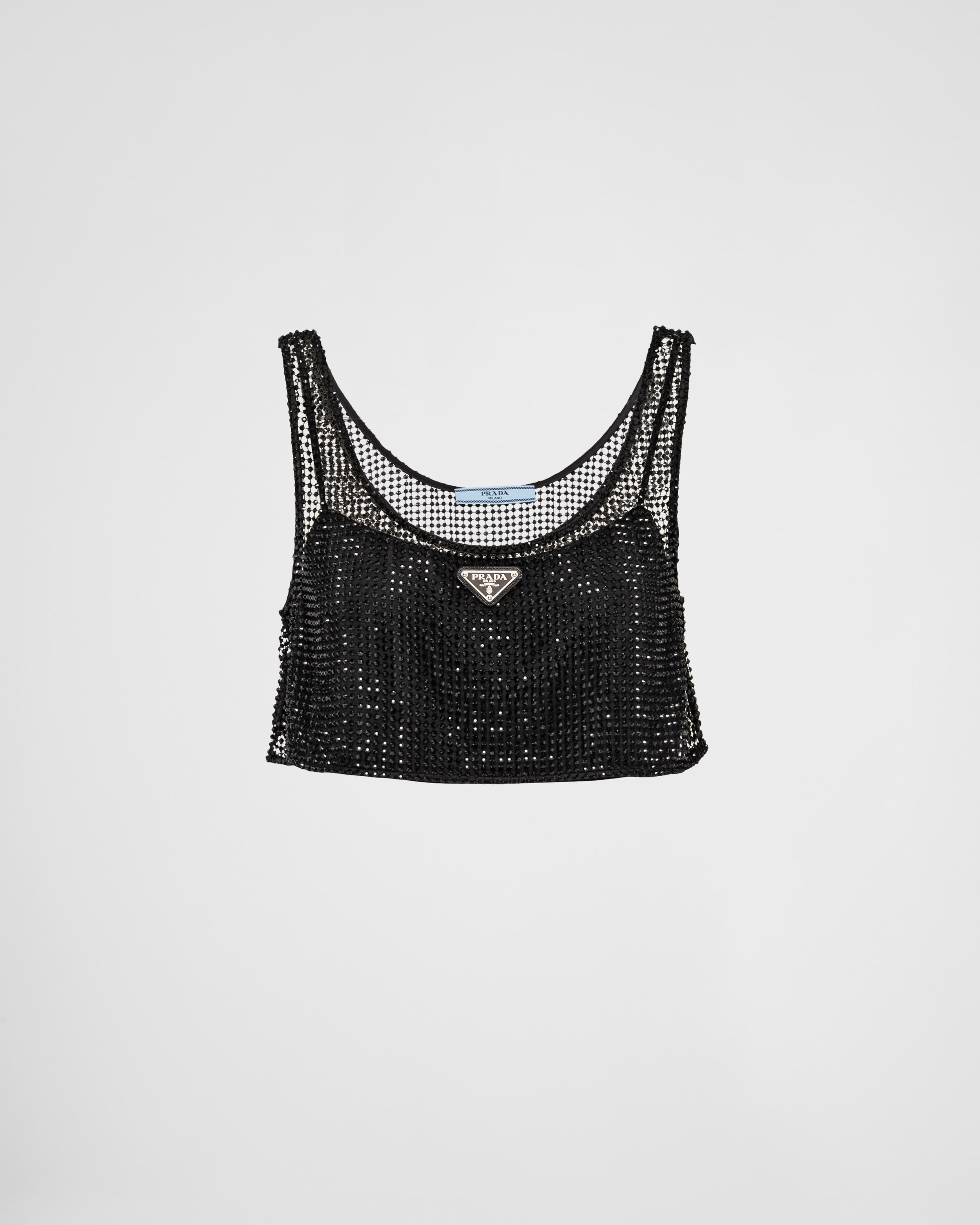 Black Rhinestone embroidered mesh top | Prada