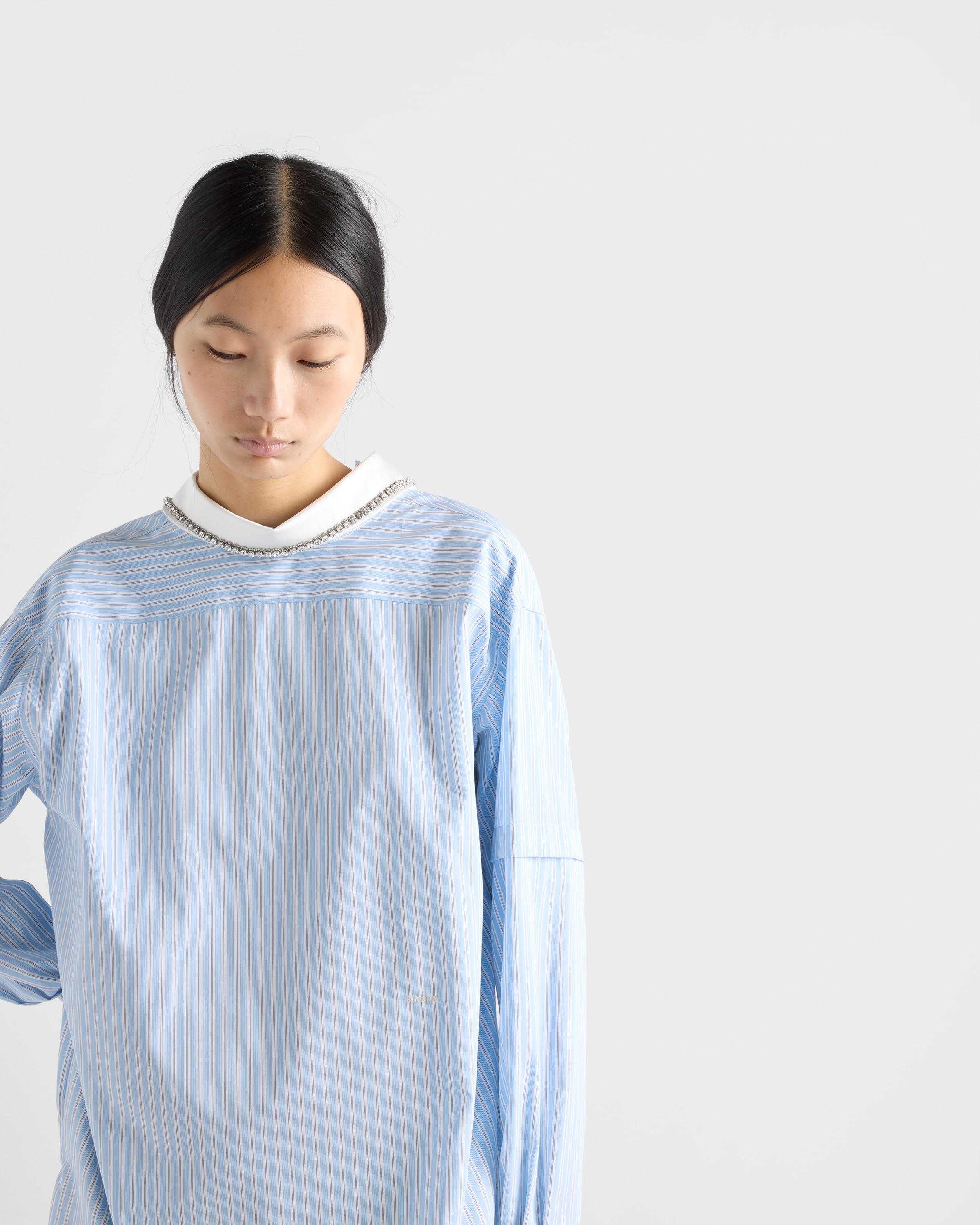 Sky Blue/Black Embroidered striped poplin top | PRADA - United States