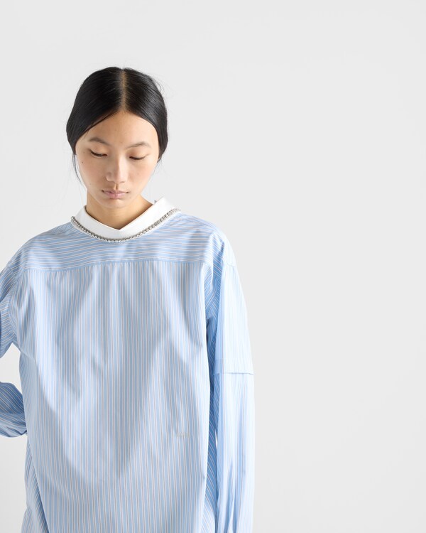 Embroidered striped poplin top - Sky Blue/Black Embroidered striped poplin top - Sky Blue/Black