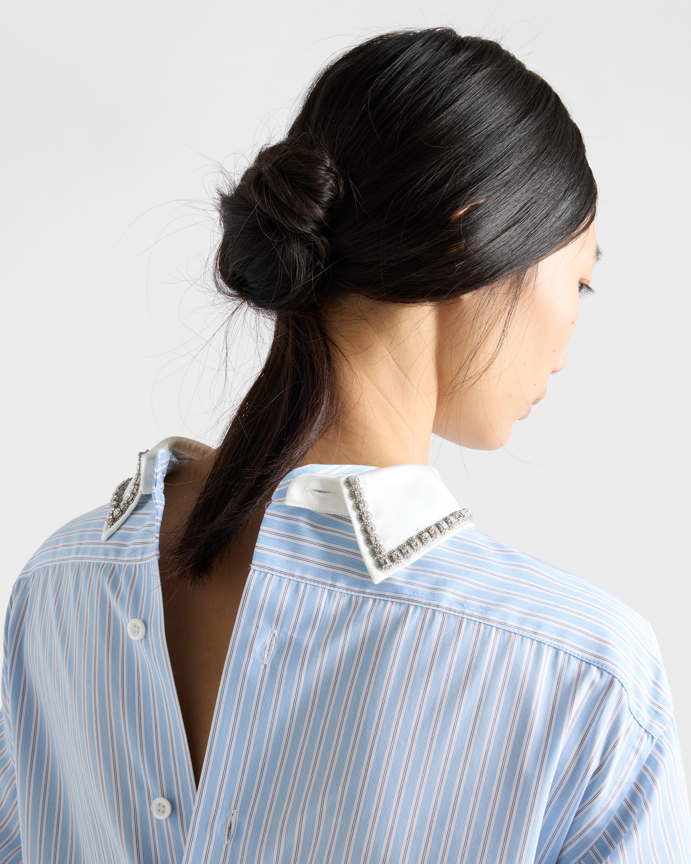 Sky Blue/Black Embroidered striped poplin top | PRADA - United States