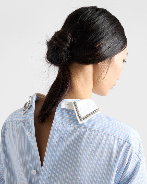 Embroidered striped poplin top - Sky Blue/Black Embroidered striped poplin top - Sky Blue/Black