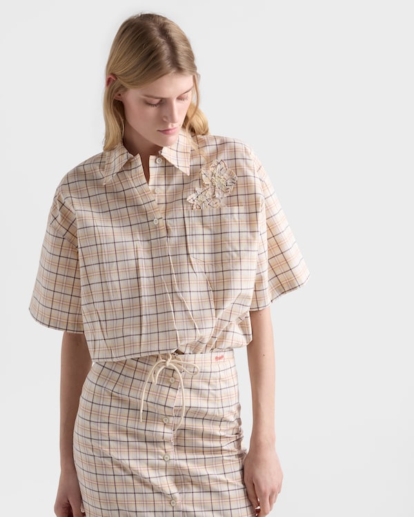 Embroidered checked poplin top - Natural/Lilac Embroidered checked poplin top - Natural/Lilac