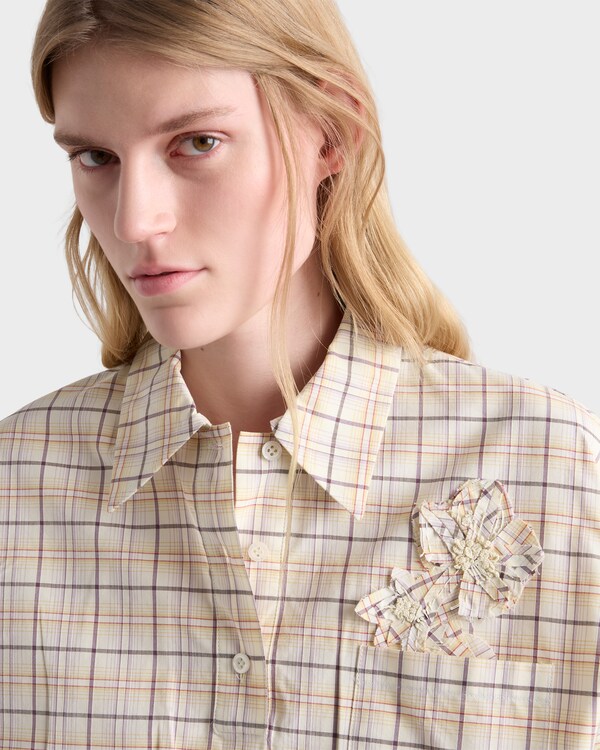 Embroidered checked poplin top - Natural/Lilac Embroidered checked poplin top - Natural/Lilac