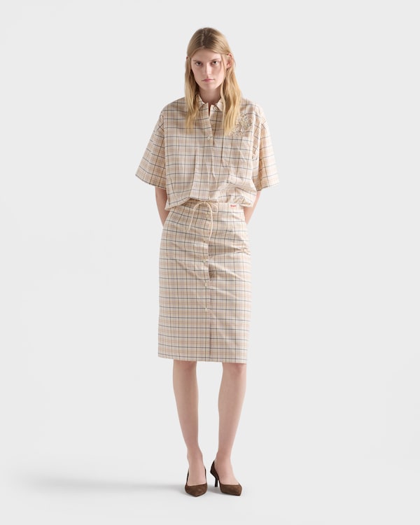 Embroidered checked poplin top - Natural/Lilac Embroidered checked poplin top - Natural/Lilac