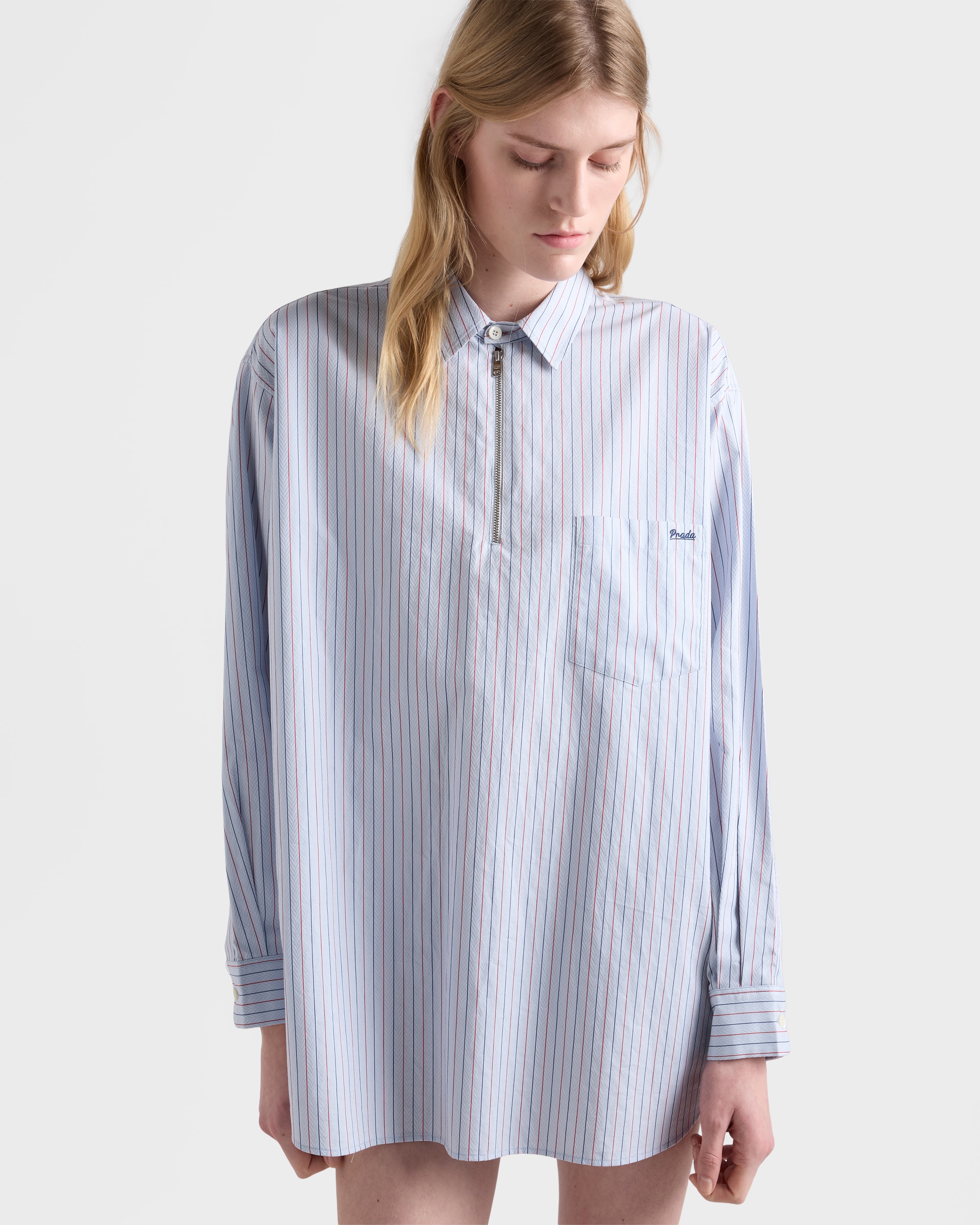 Light Blue Striped cotton shirt with half-zipper | PRADA - United