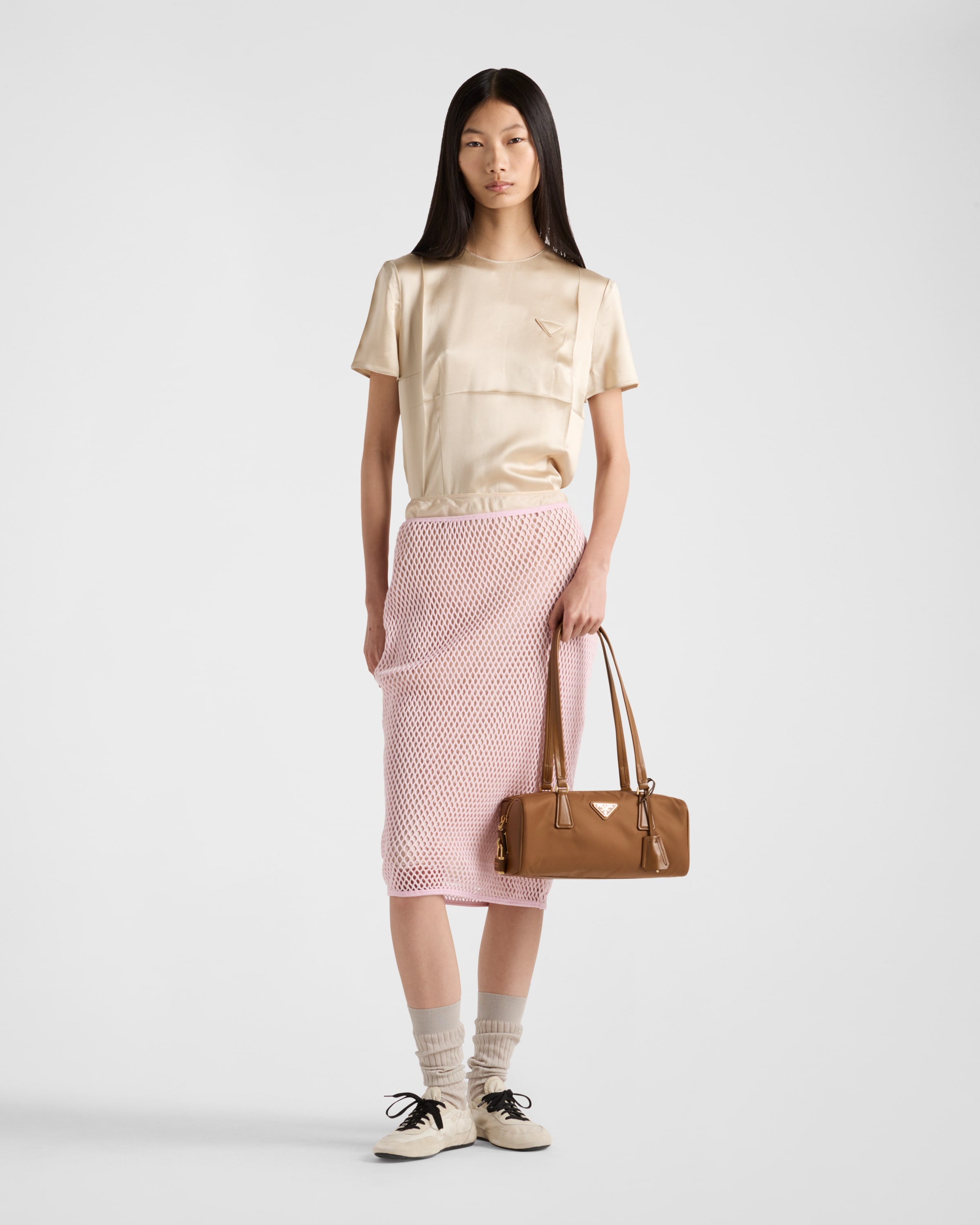 Prada Short Sleeve Satin Crepe Top In Desert Beige