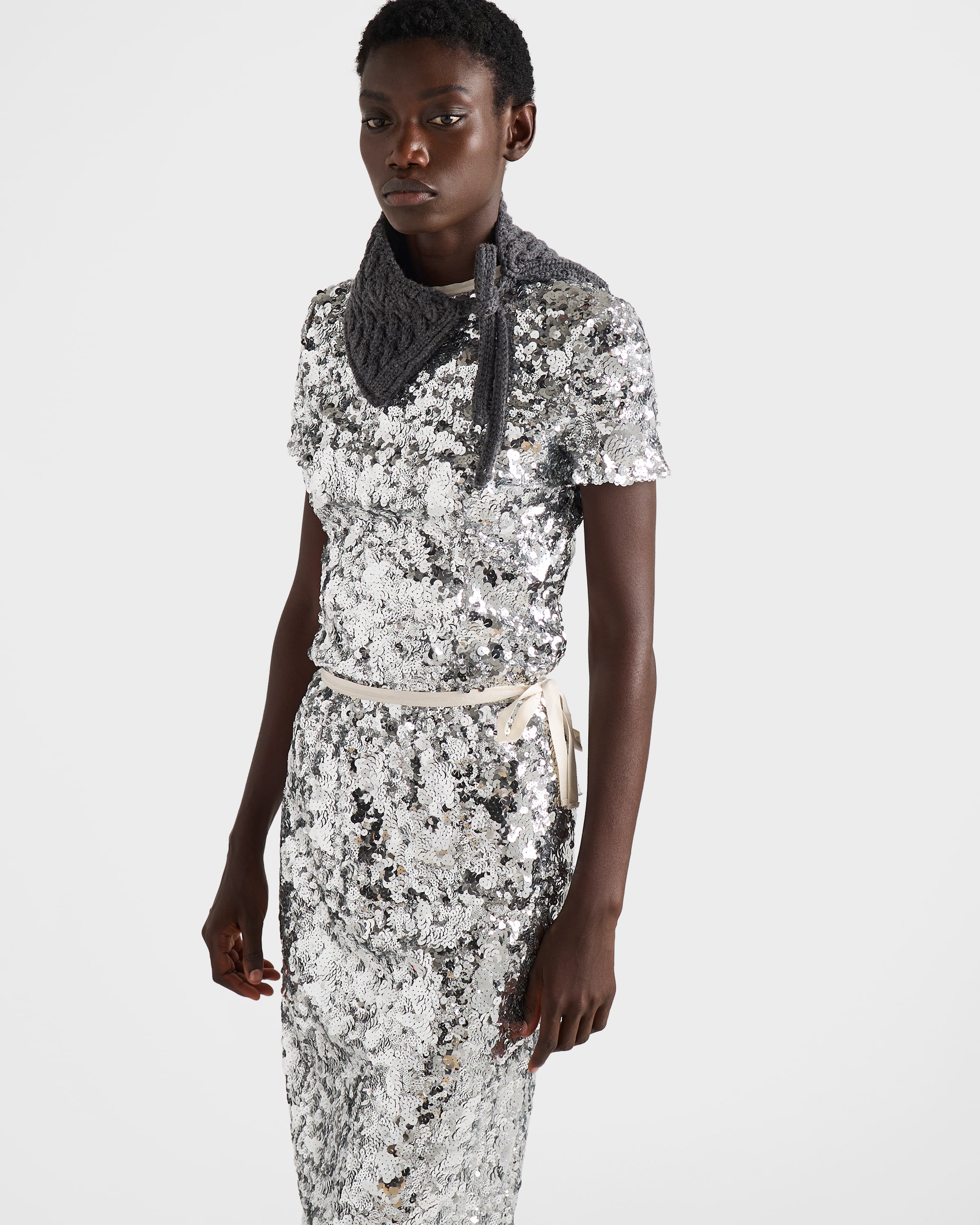 Prada Sequin-embellished Short-sleeved Blouse In Silver
