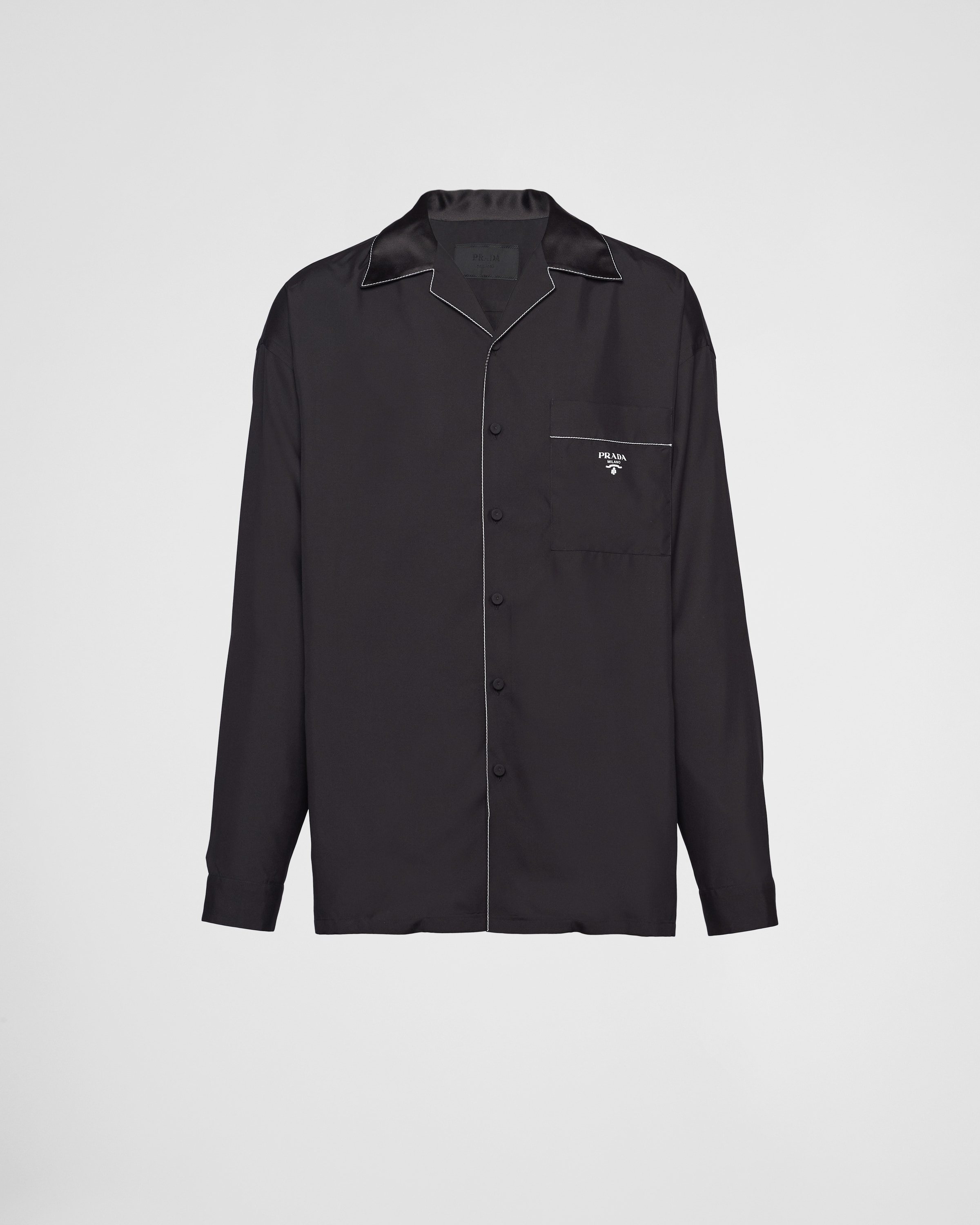 Prada Contrast-trim Silk Pajama Shirt In Black