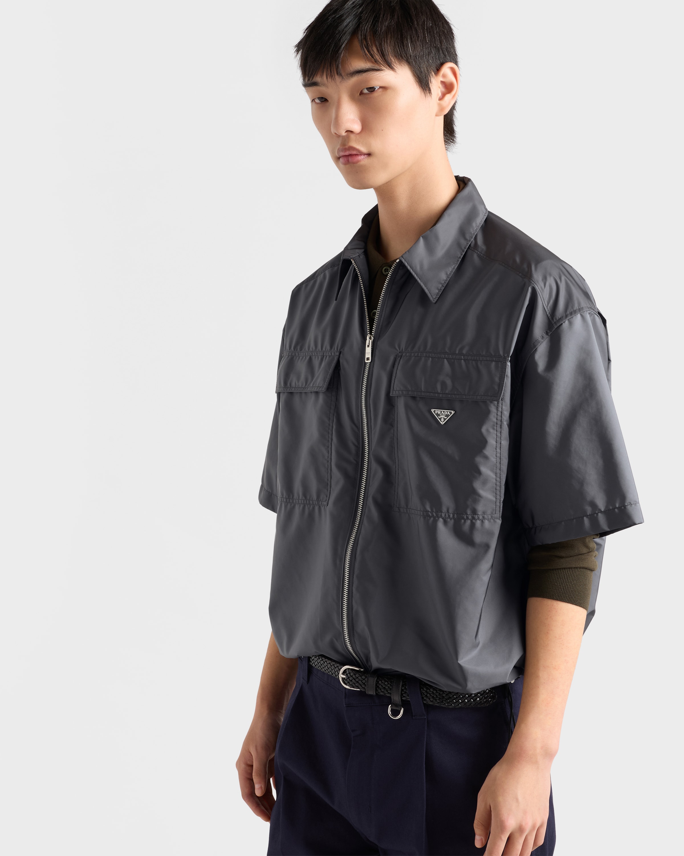 Iron Gray Short-sleeved light Re-Nylon shirt | PRADA - United States