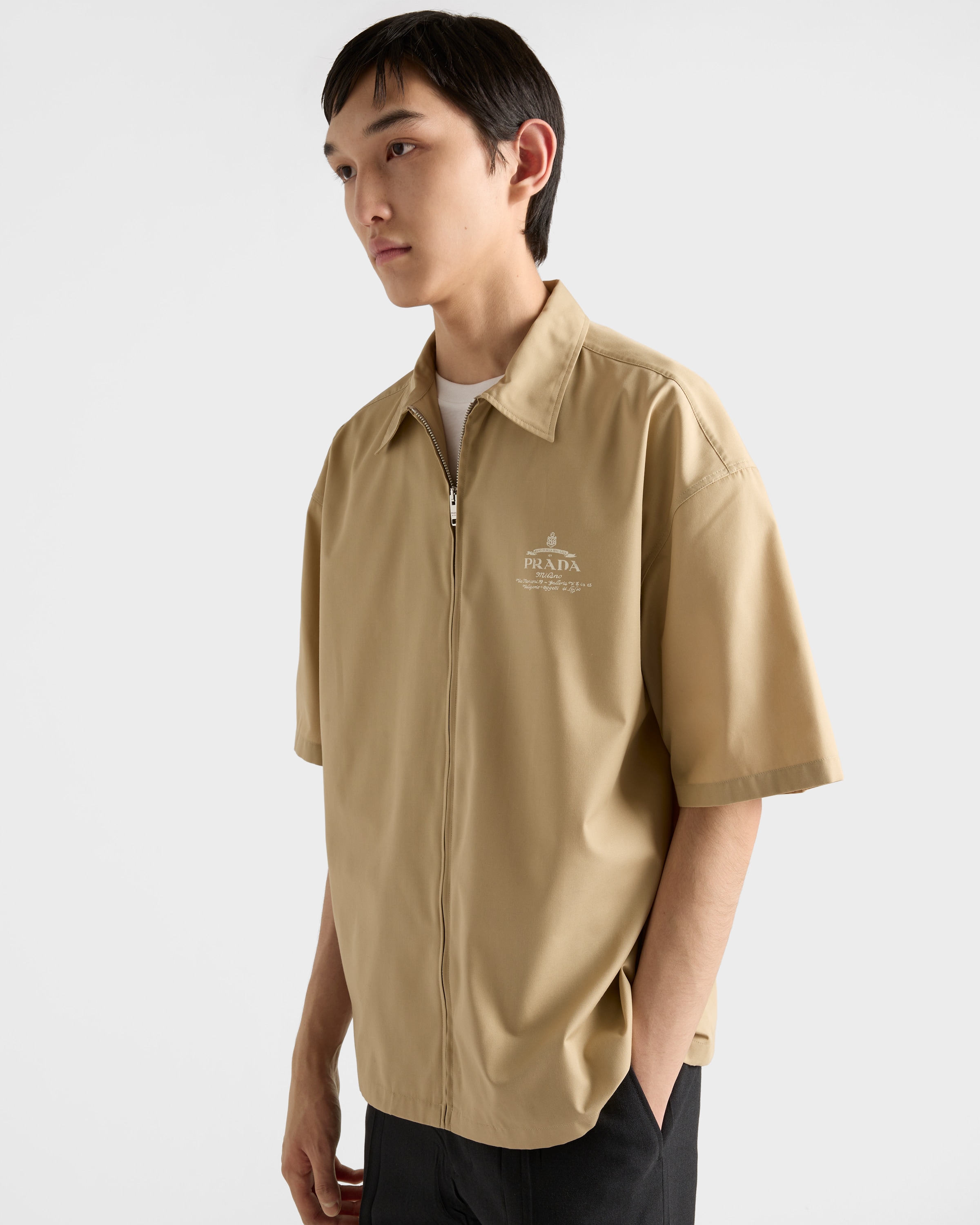 Prada Short-sleeved Technical Cotton Shirt In Desert Beige