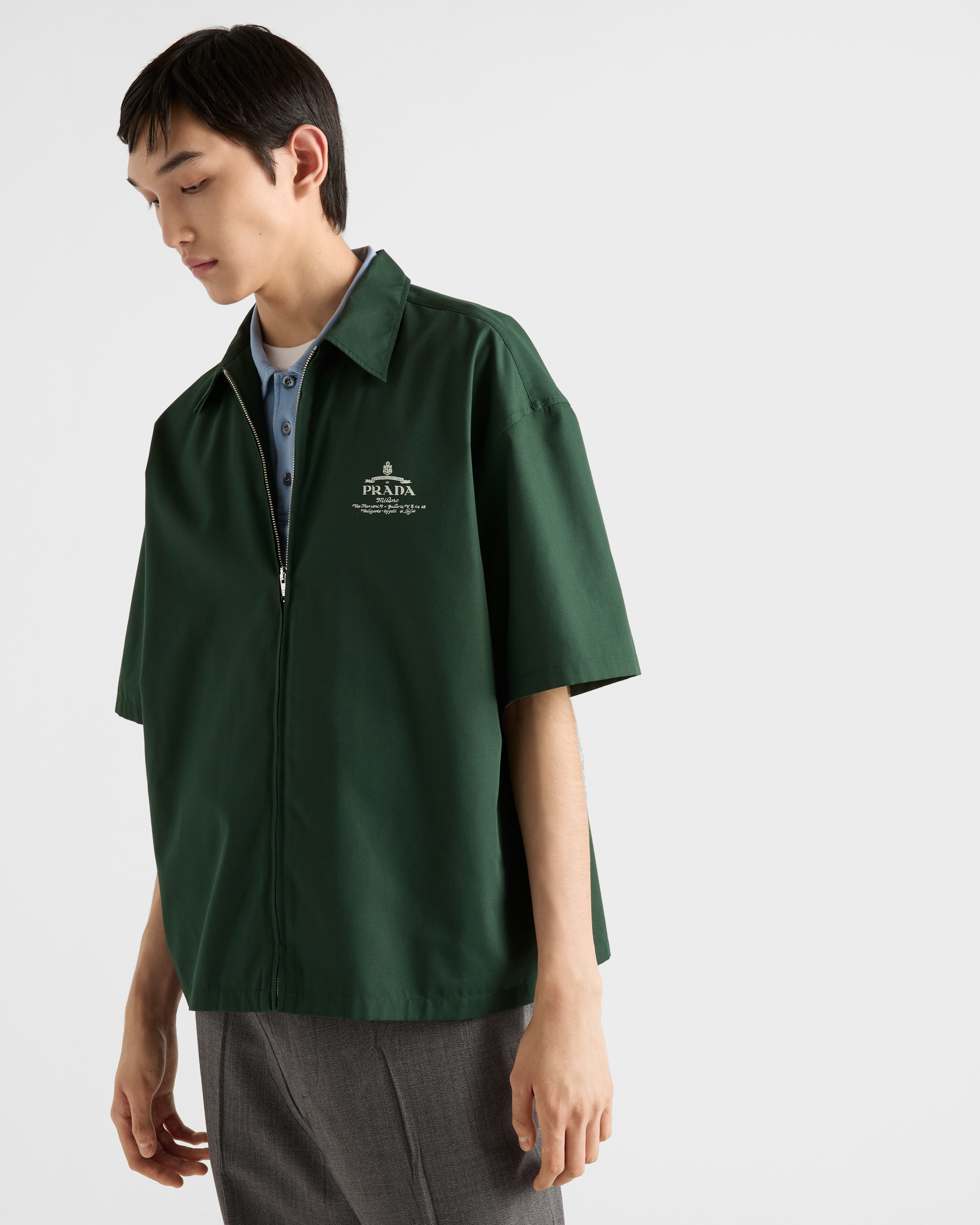 Prada Mens Green Logo-embroidered Zip-up Nylon Shirt Xl In Billiard Green