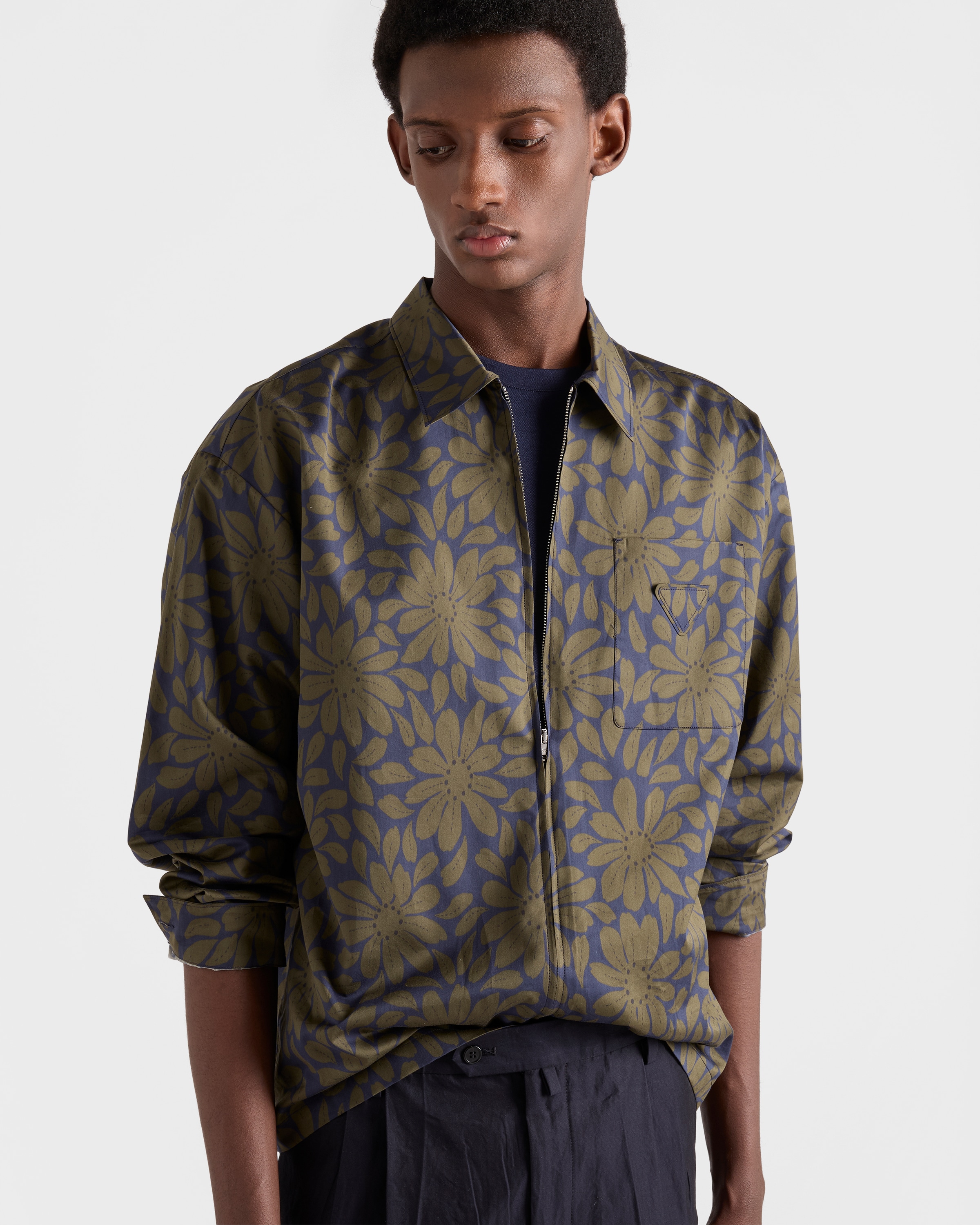 Blue/Forest Printed cotton blend zipper shirt | PRADA - Switzerland