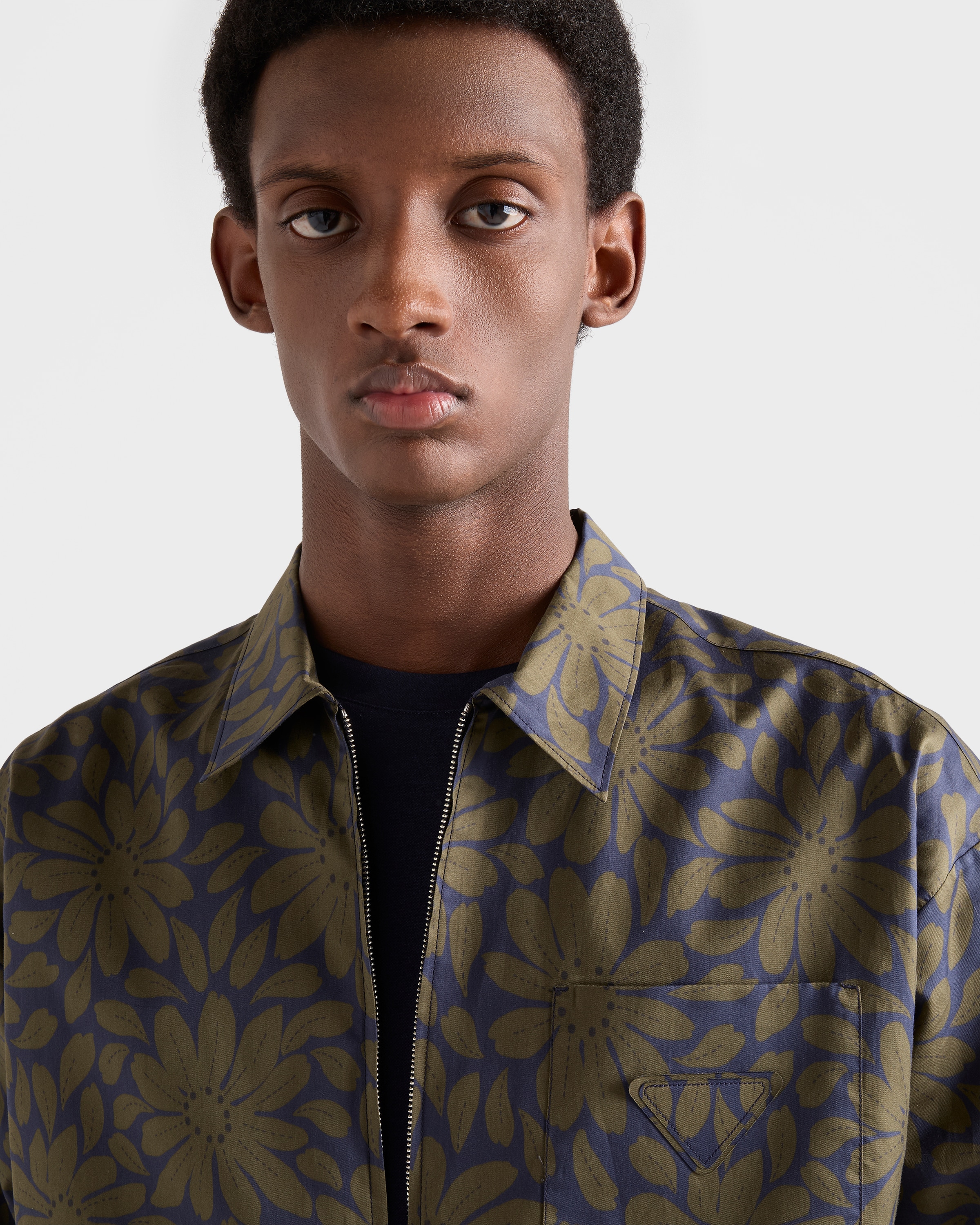 Blue/forest Printed Cotton Blend Zipper Shirt | PRADA