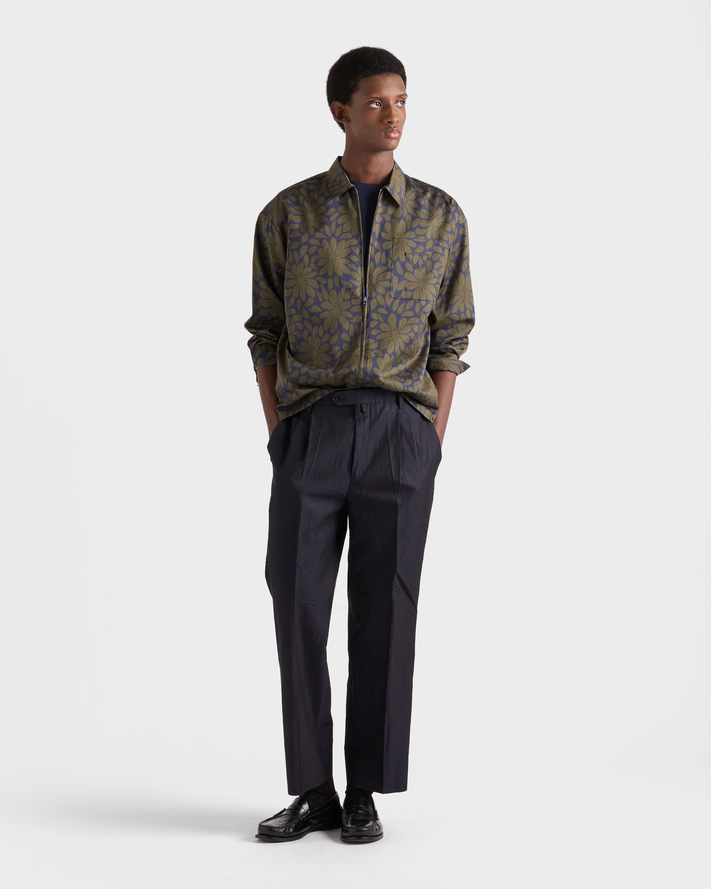 Blue/forest Printed Cotton Blend Zipper Shirt | PRADA