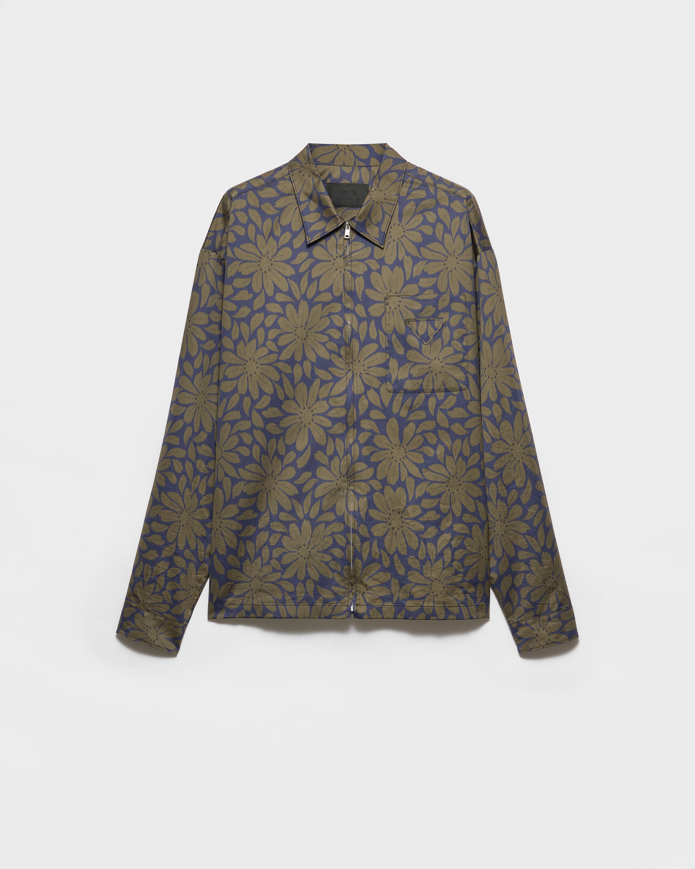 Blue/forest Printed Cotton Blend Zipper Shirt | PRADA