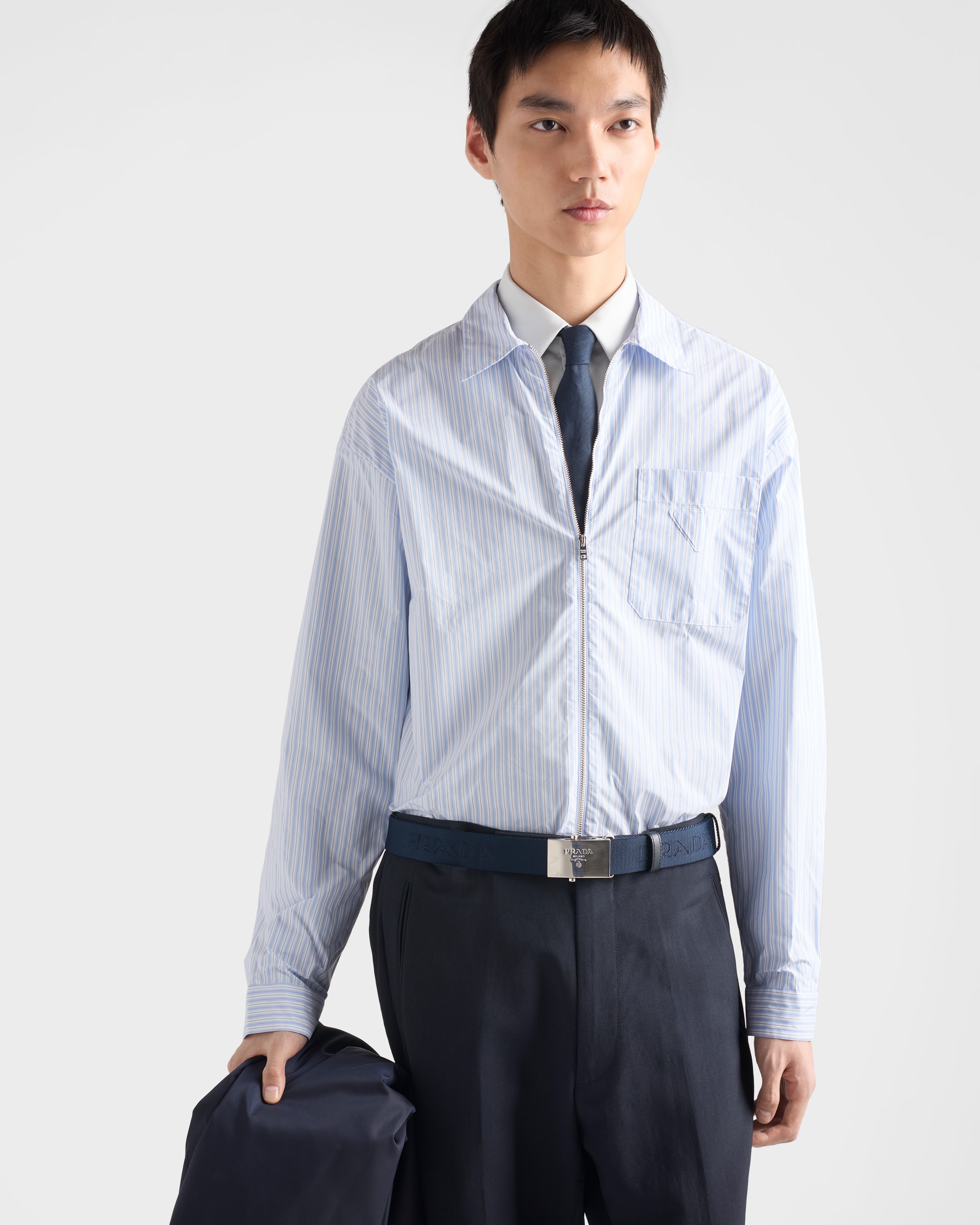 White / Sky Blue Re-Nylon zipper shirt | PRADA - United States