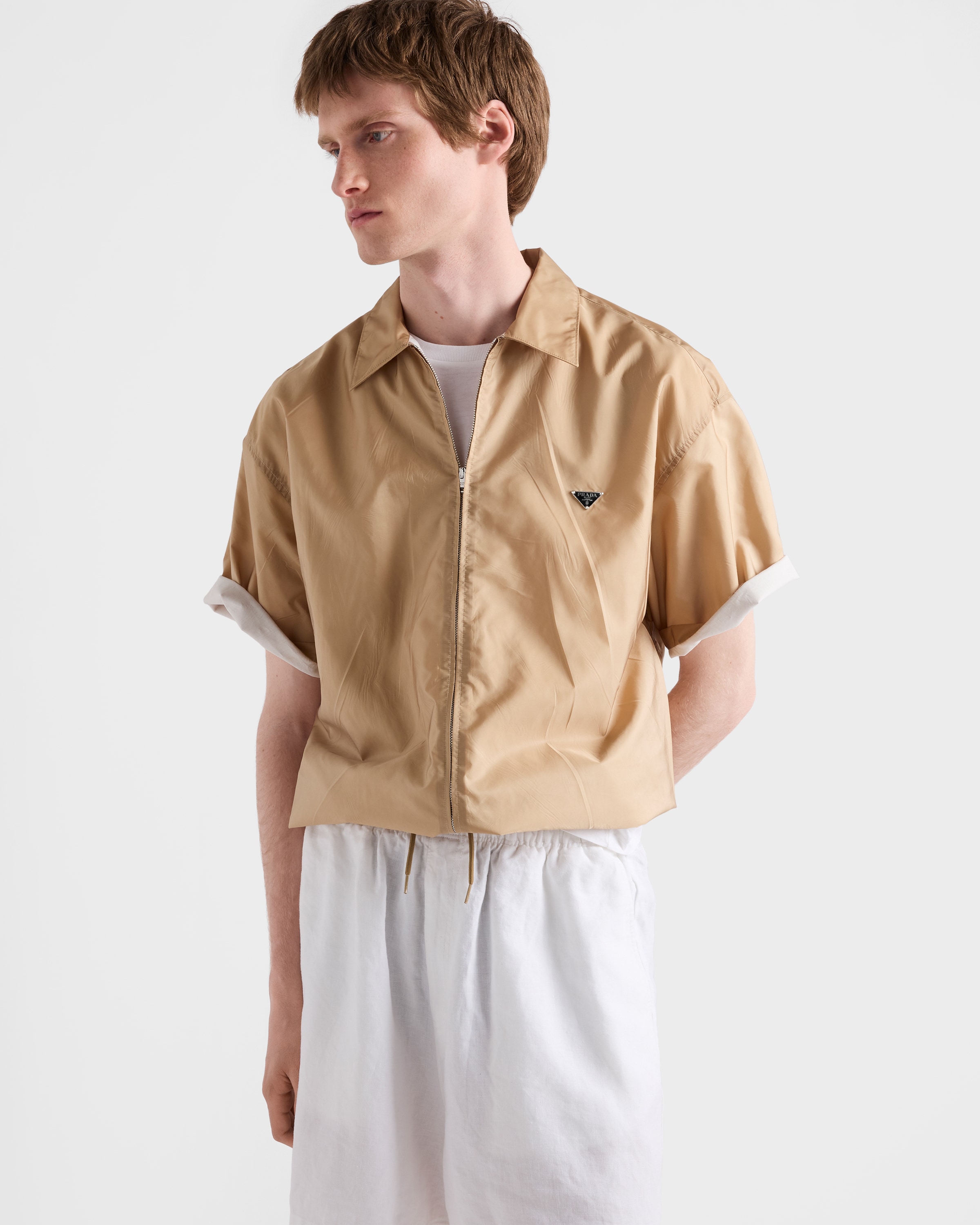 Camel Brown Short-sleeved Re-Nylon zipper shirt | PRADA - United
