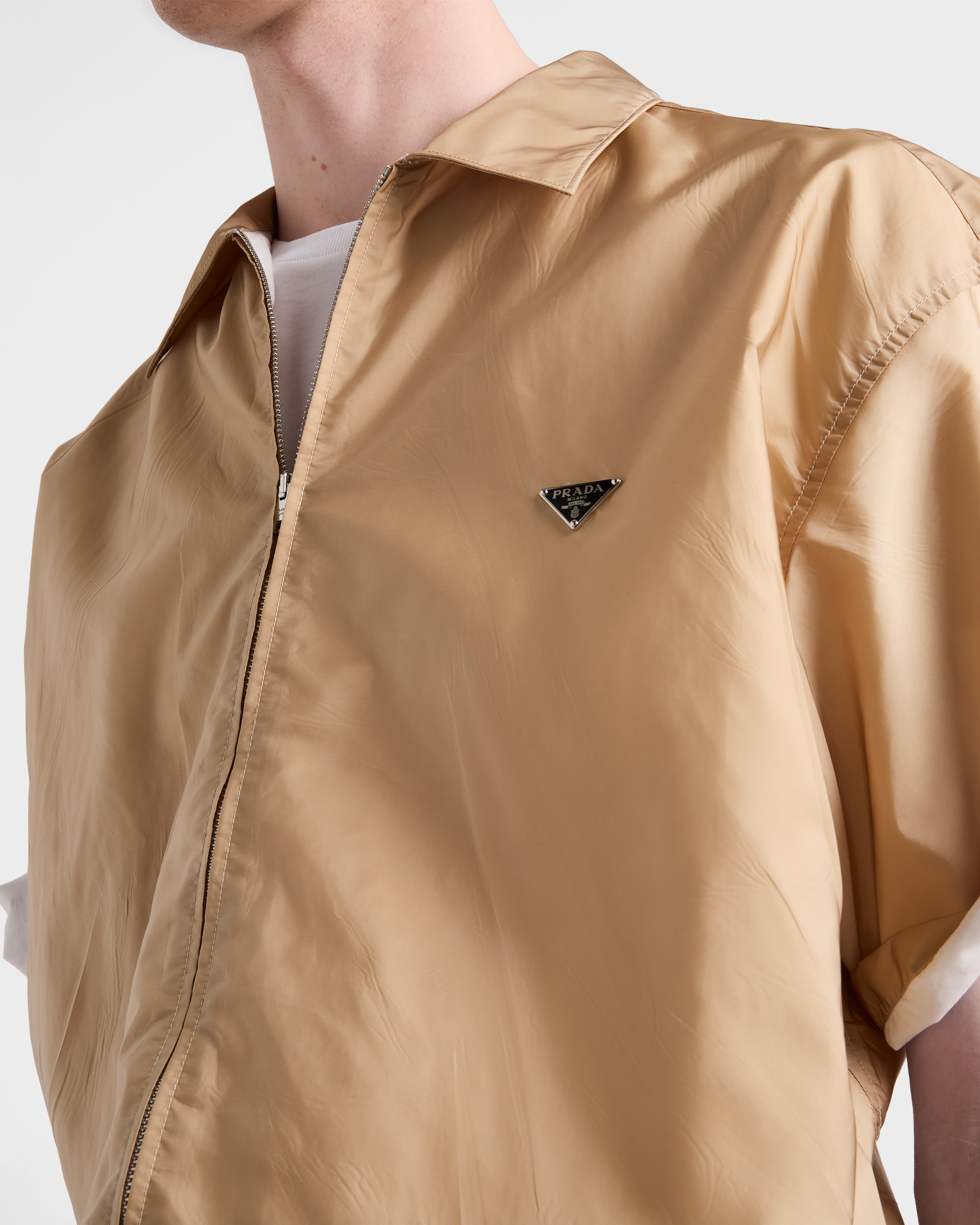 Camel Brown Short-sleeved Re-nylon Zipper Shirt | PRADA - United