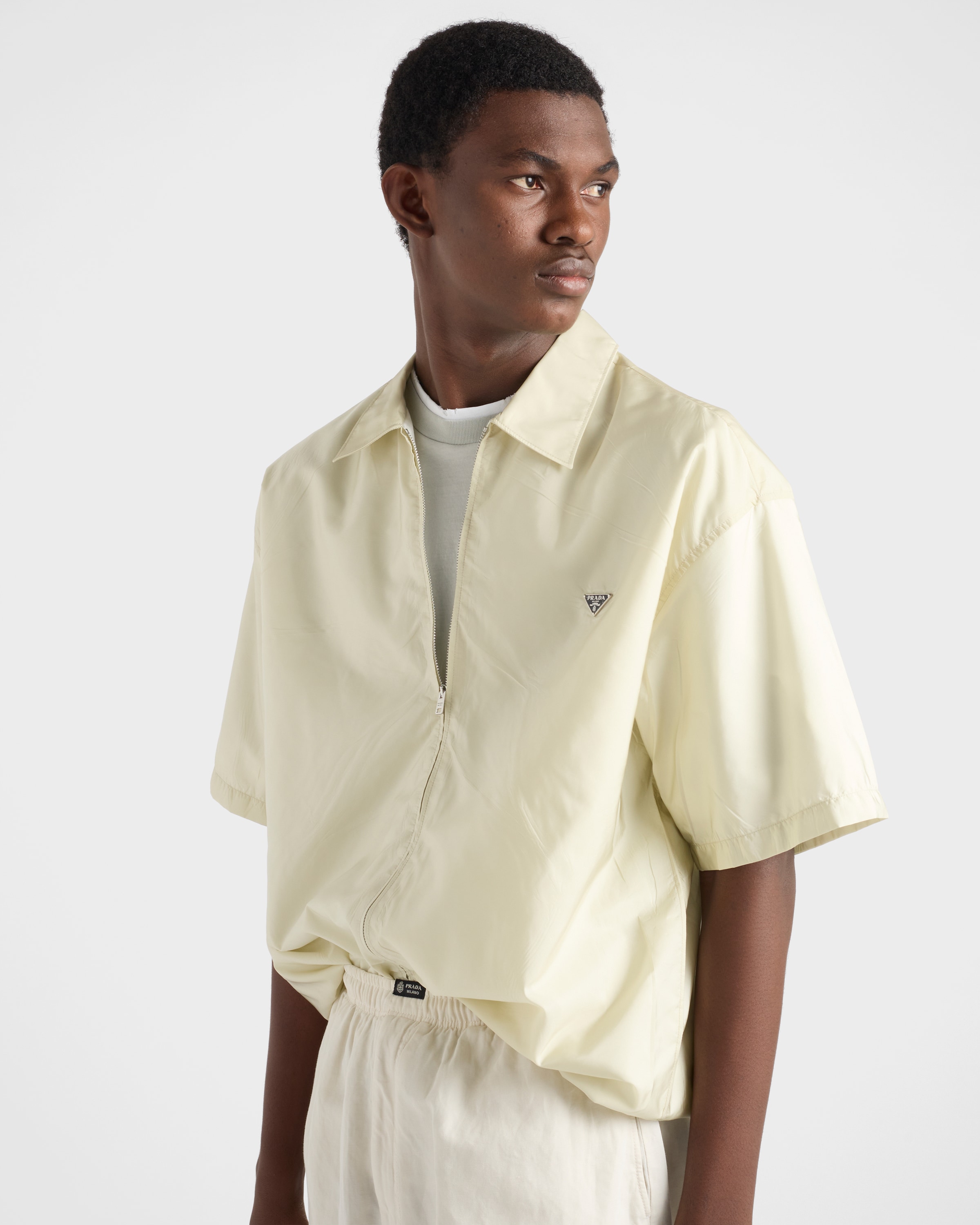 Chalk White Short-sleeved Re-Nylon zipper shirt | PRADA - United