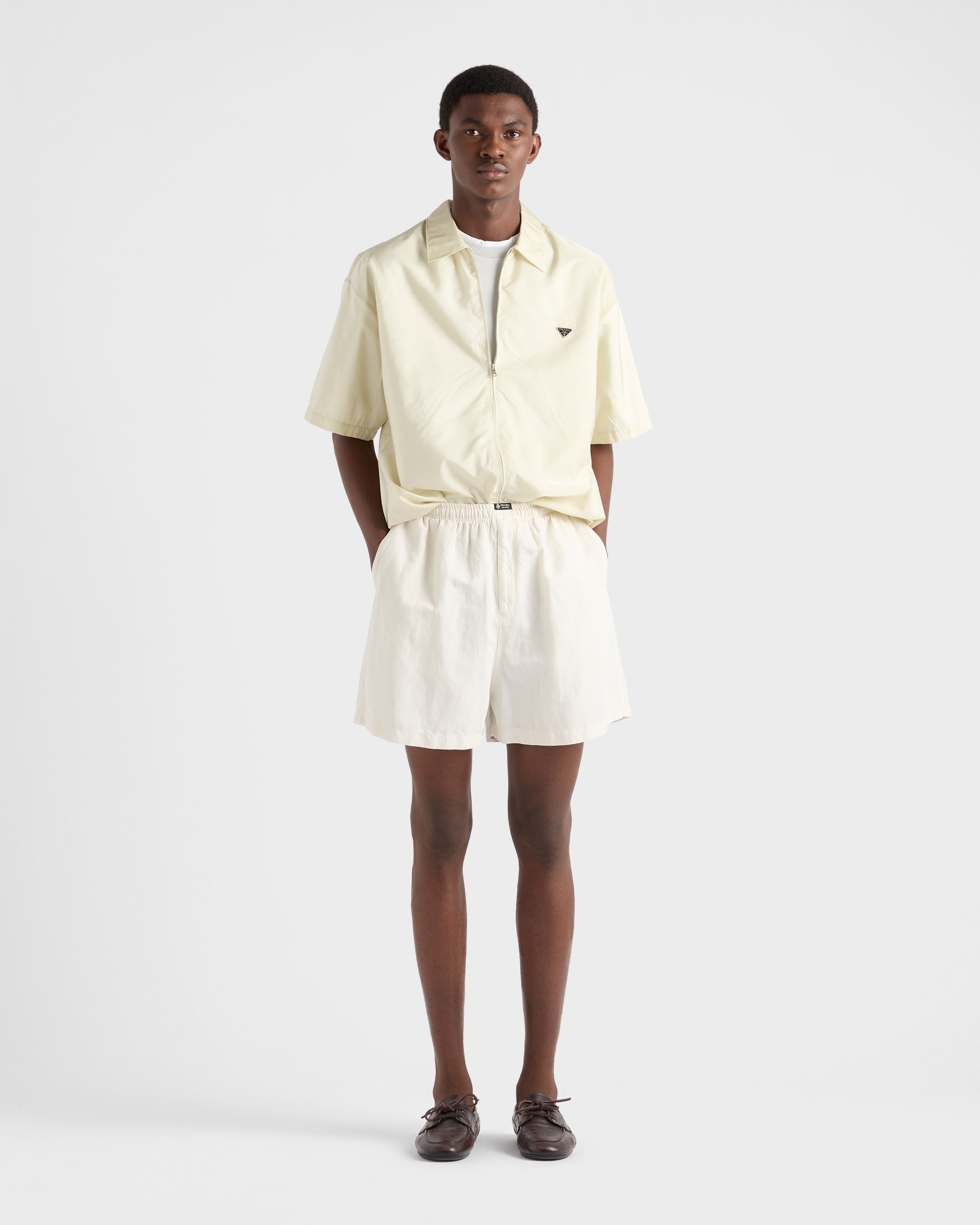 Chalk White Short-sleeved Re-Nylon zipper shirt | PRADA - United