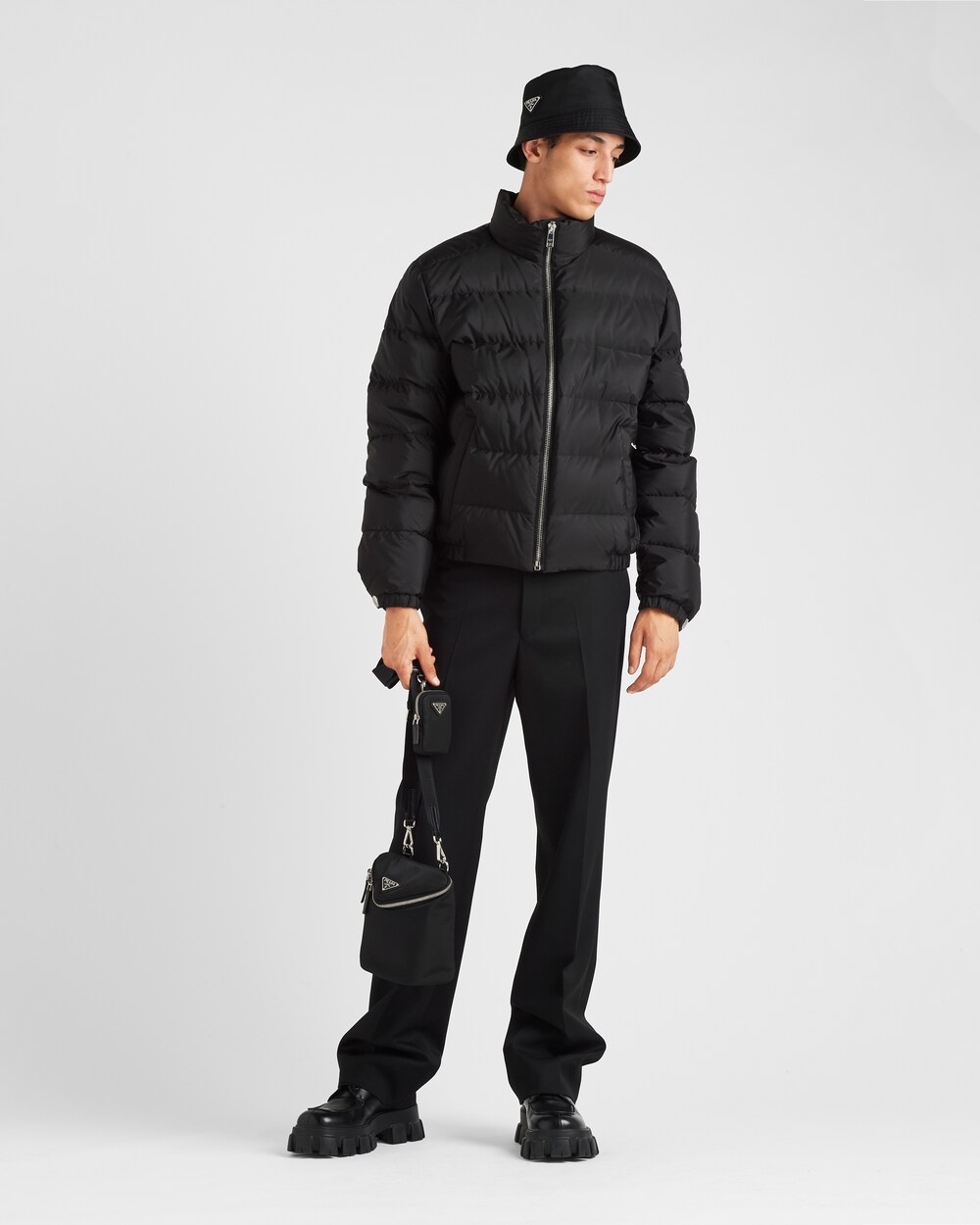 Prada Re-Nylon Short Puffer Jacket, Men, Black, Size 48