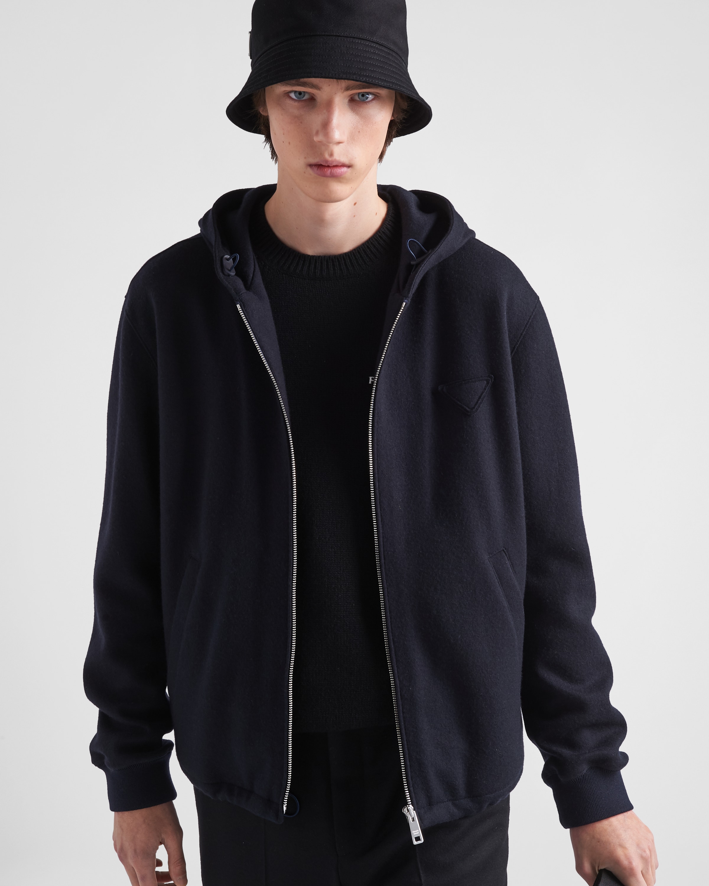 Navy Wool Blend Zipper Hoodie PRADA
