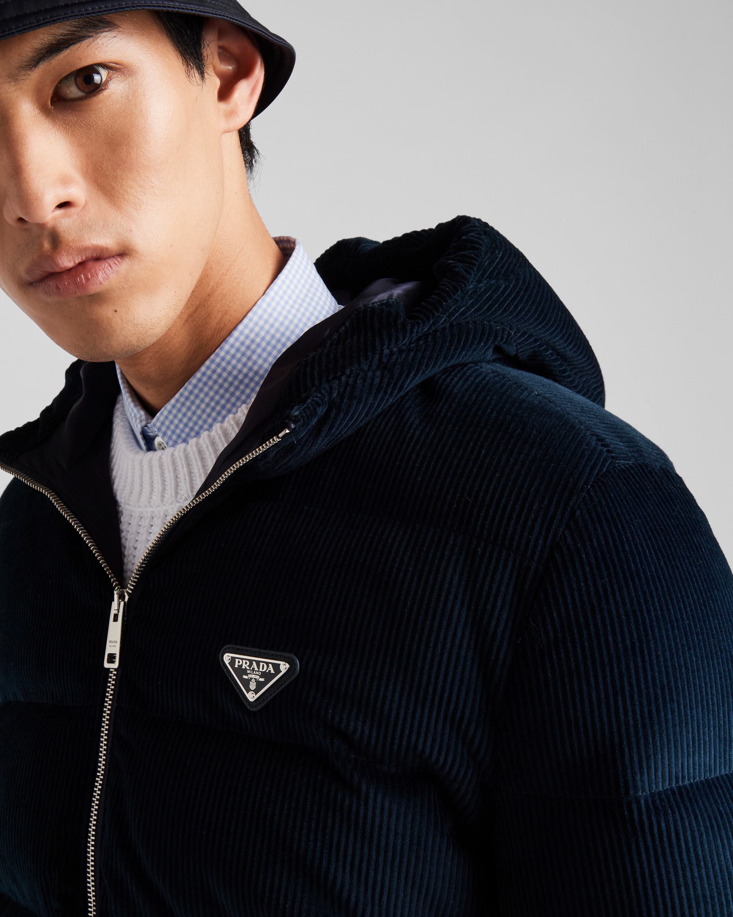 Blue Cropped corduroy down jacket | Prada